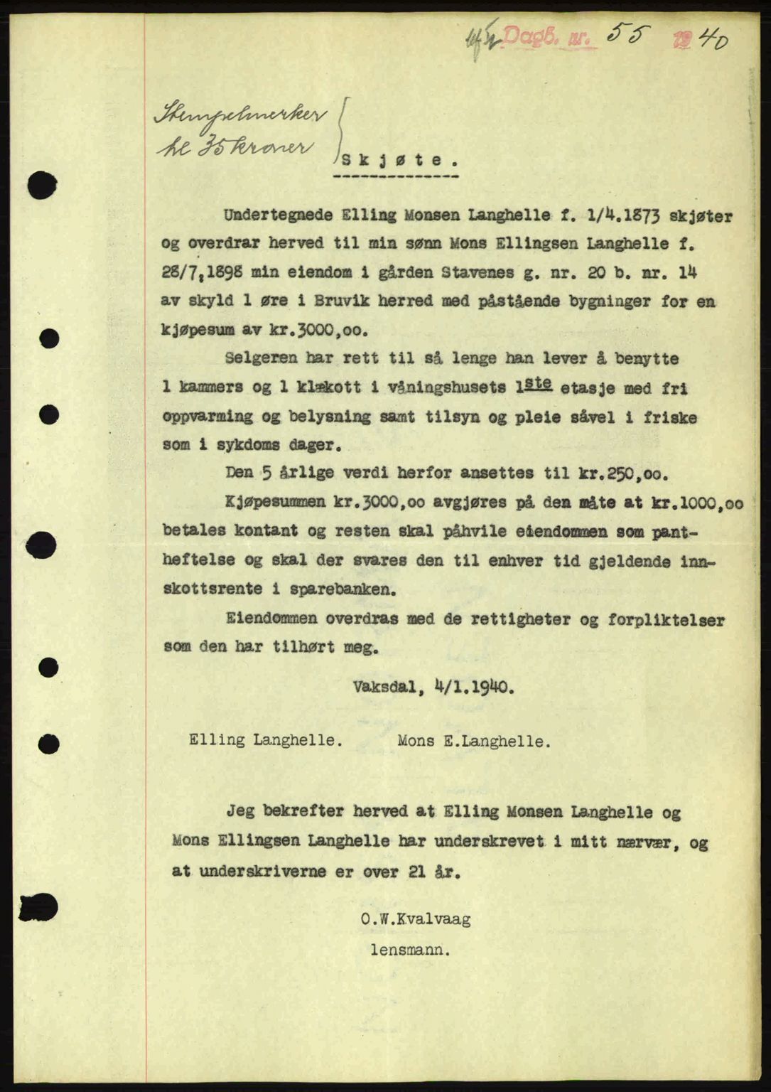 Nordhordland sorenskrivar, SAB/A-2901/1/G/Gb/Gbf/L0010: Pantebok nr. A10, 1939-1940, Dagboknr: 55/1940