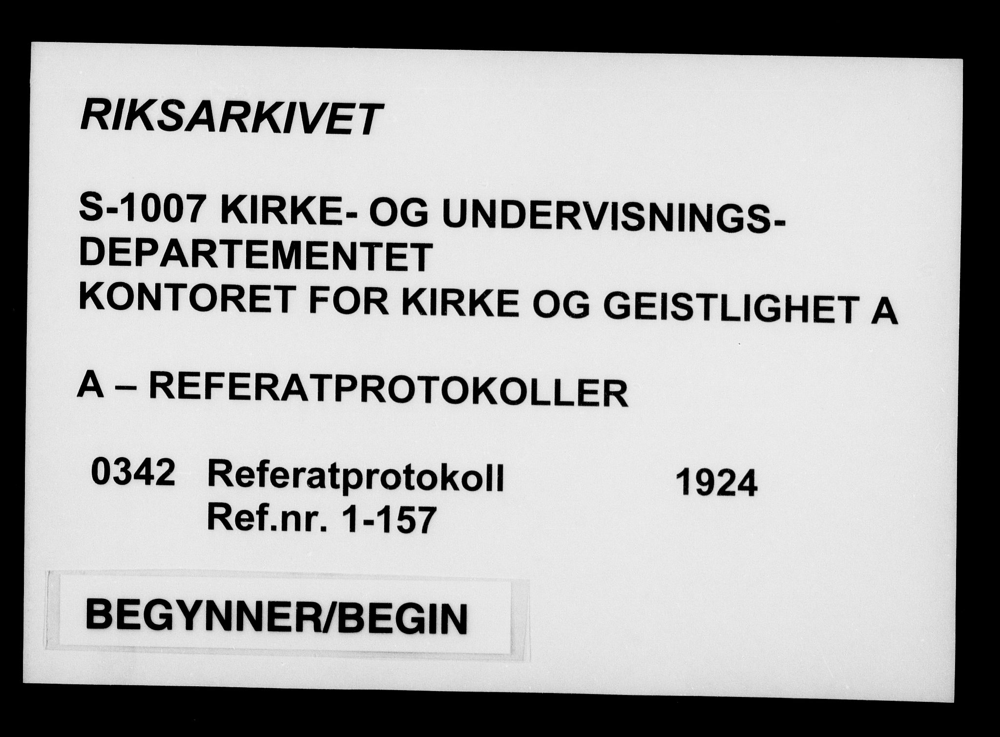 Kirke- og undervisningsdepartementet, Kontoret  for kirke og geistlighet A, AV/RA-S-1007/A/Aa/L0342: Referatprotokoll bd. 1. Ref.nr. 1-157, 1924