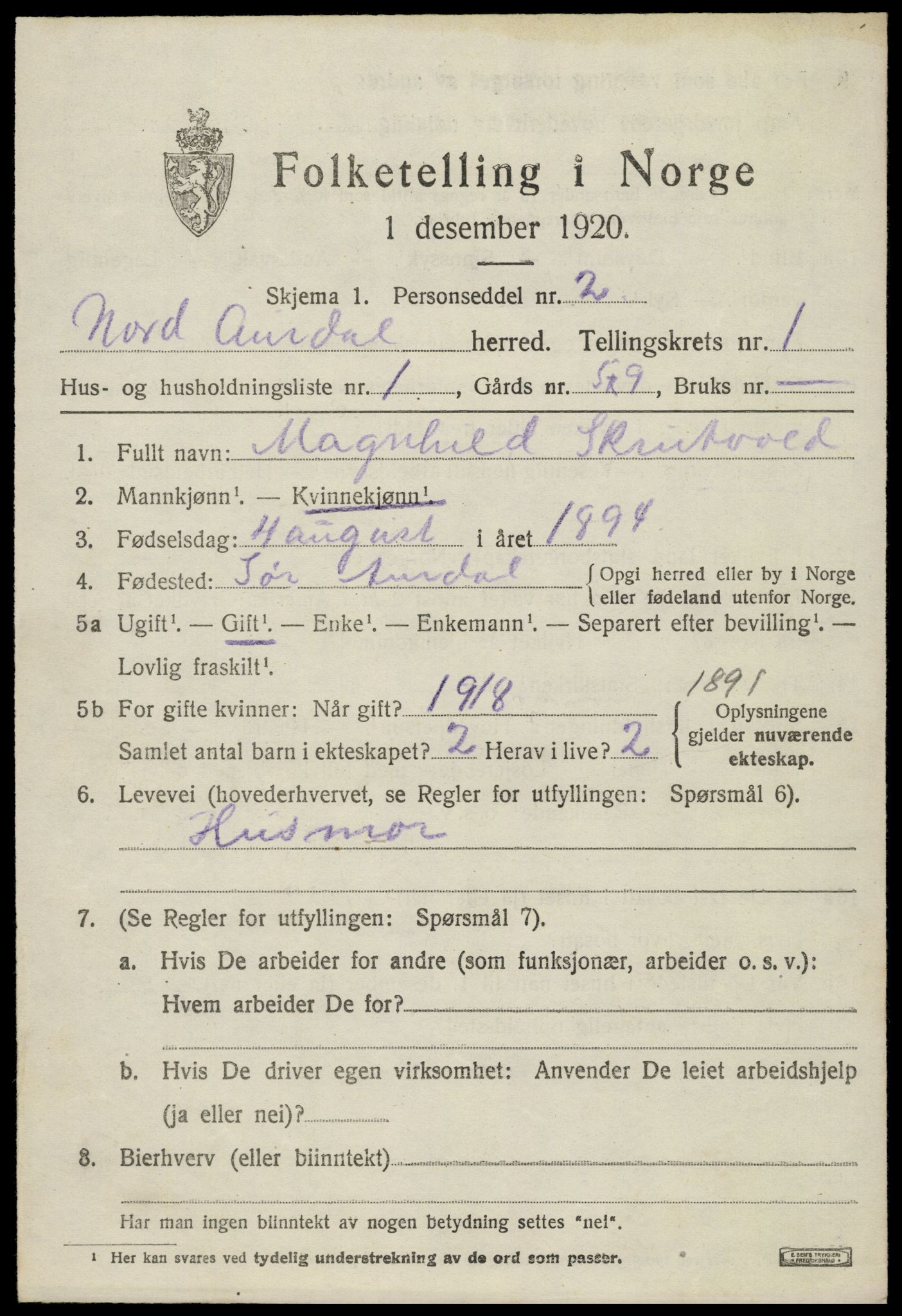 SAH, Folketelling 1920 for 0542 Nord-Aurdal herred, 1920, s. 1898