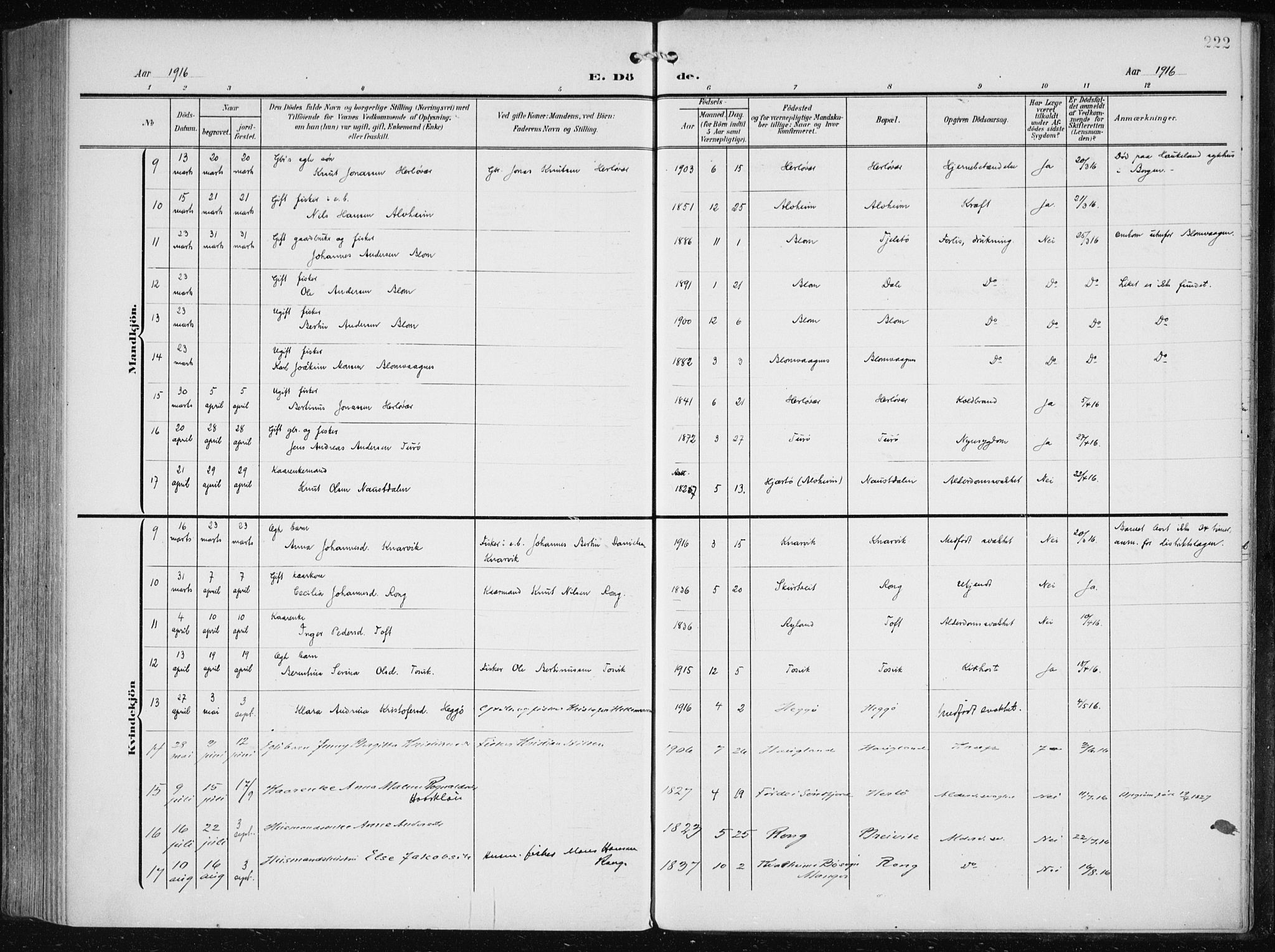 Herdla Sokneprestembete, AV/SAB-A-75701/H/Haa: Ministerialbok nr. A 5, 1905-1918, s. 222