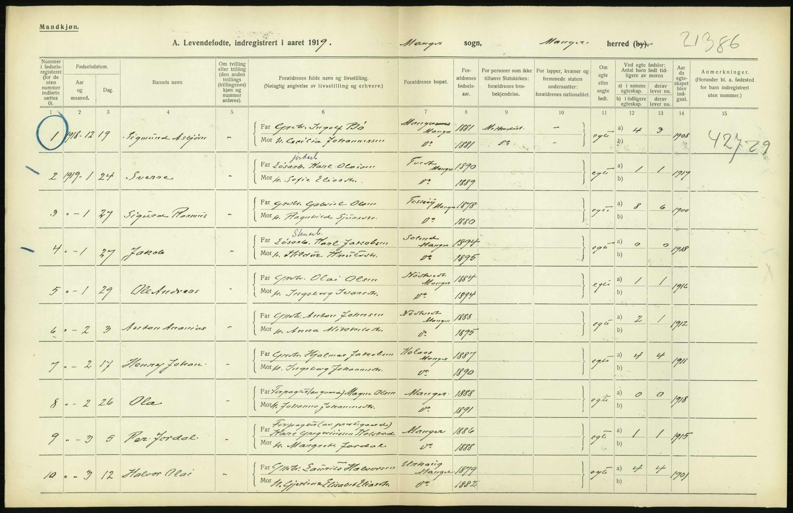 Statistisk sentralbyrå, Sosiodemografiske emner, Befolkning, RA/S-2228/D/Df/Dfb/Dfbi/L0031: Hordaland fylke: Levendefødte menn og kvinner. Bygder., 1919, s. 22