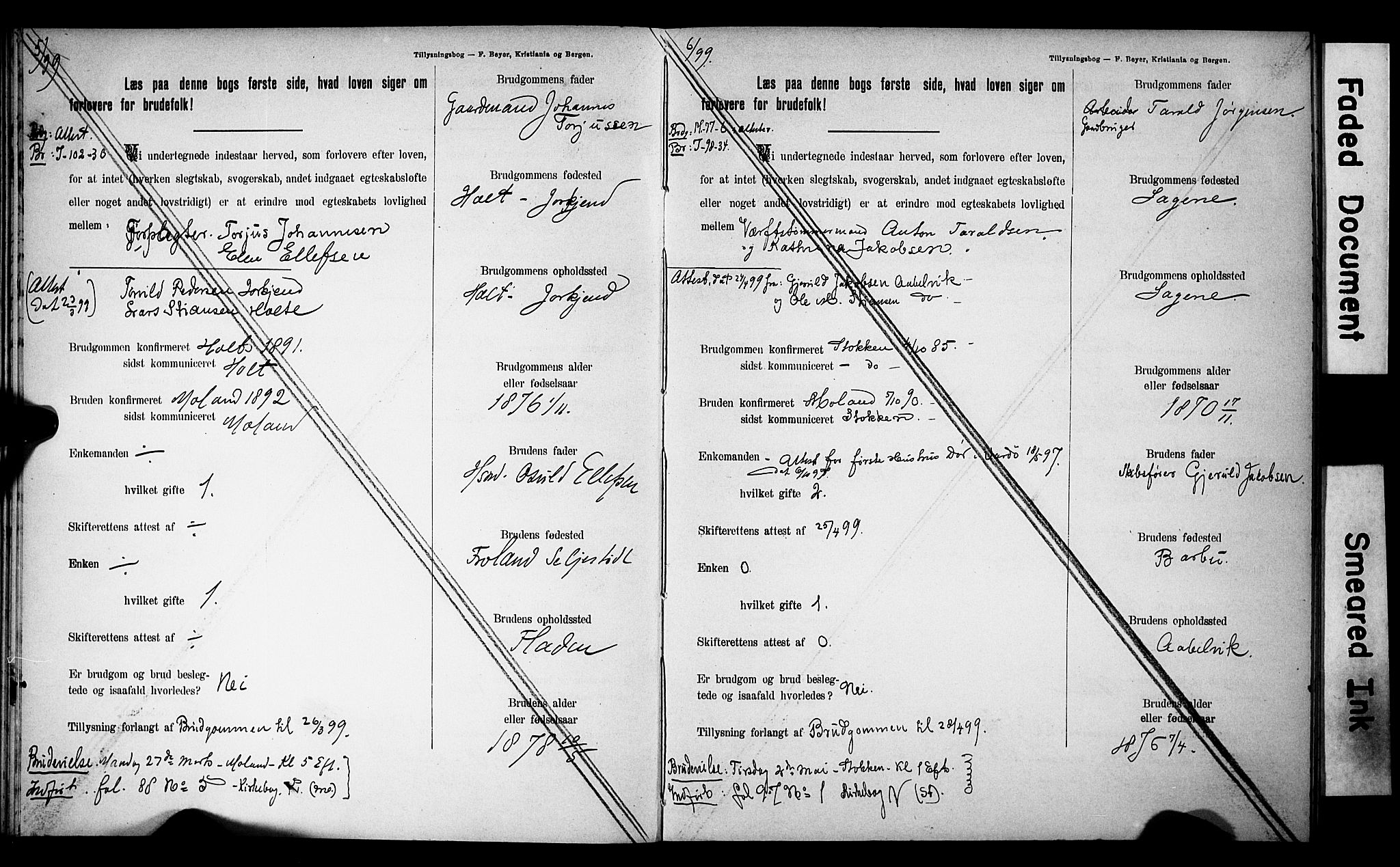 Austre Moland sokneprestkontor, AV/SAK-1111-0001/F/Fe/L0001: Lysningsprotokoll nr. A VI 10, 1895-1902