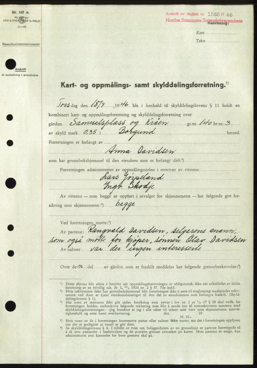 Nordre Sunnmøre sorenskriveri, SAT/A-0006/1/2/2C/2Ca: Pantebok nr. A22, 1946-1946, Dagboknr: 1565/1946