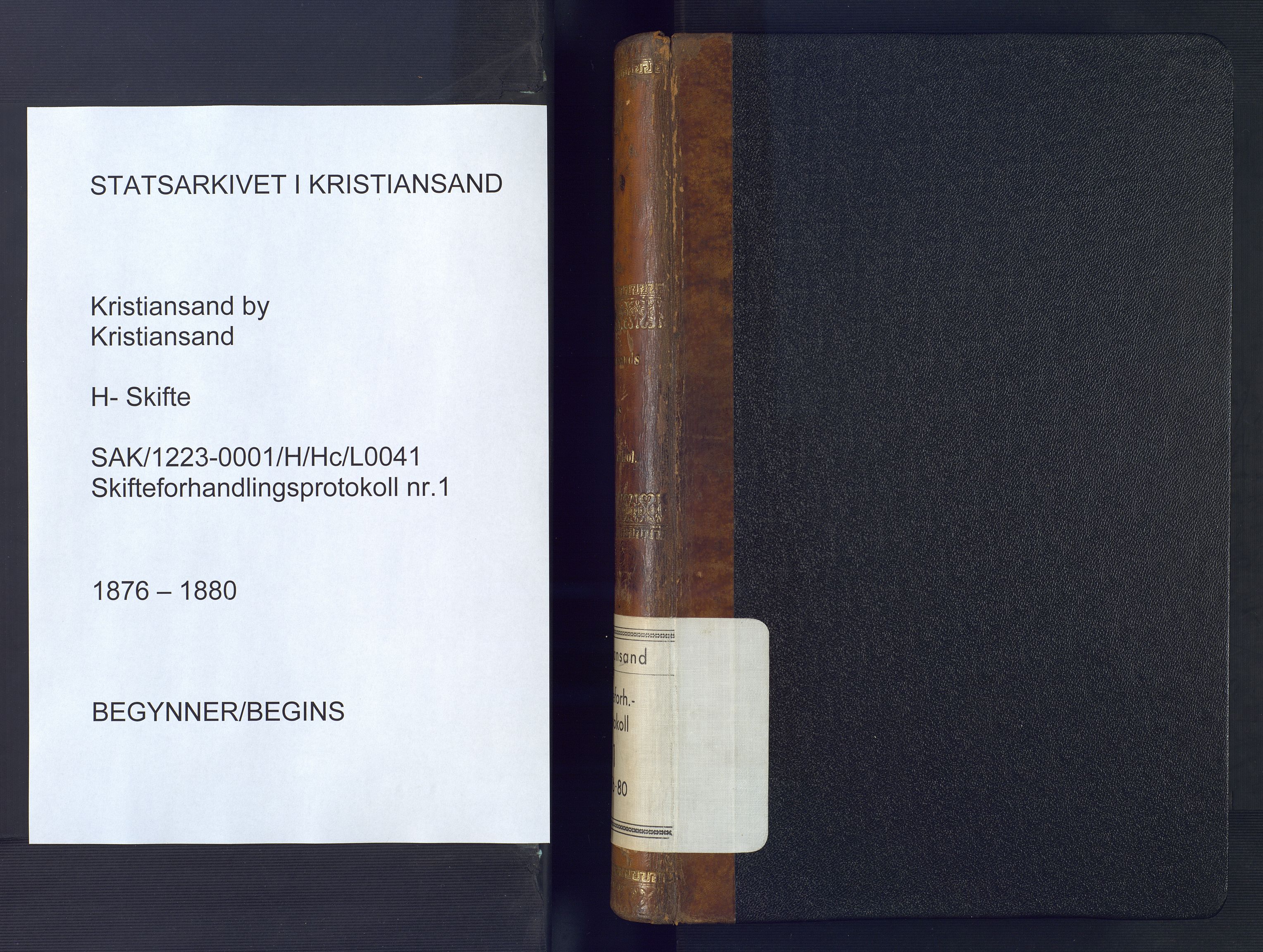 Kristiansand byrett, AV/SAK-1223-0001/H/Hc/L0041: Skifteforhandlingsprotokoll nr. 1, med register, 1876-1880