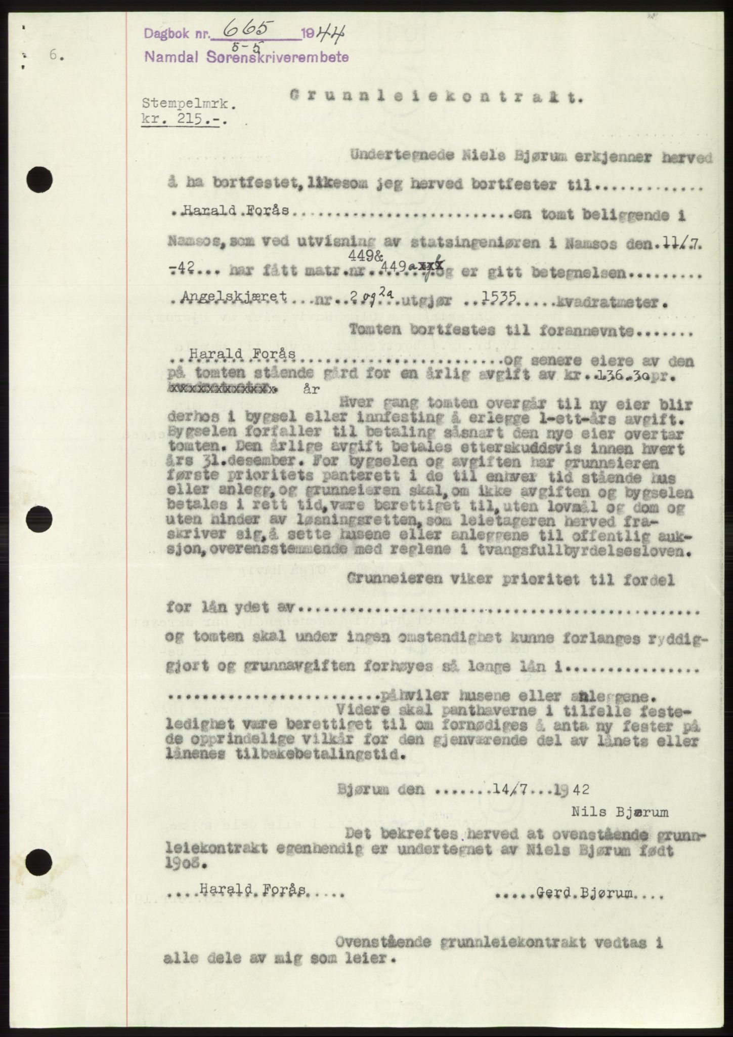 Namdal sorenskriveri, SAT/A-4133/1/2/2C: Pantebok nr. -, 1944-1945, Dagboknr: 665/1944