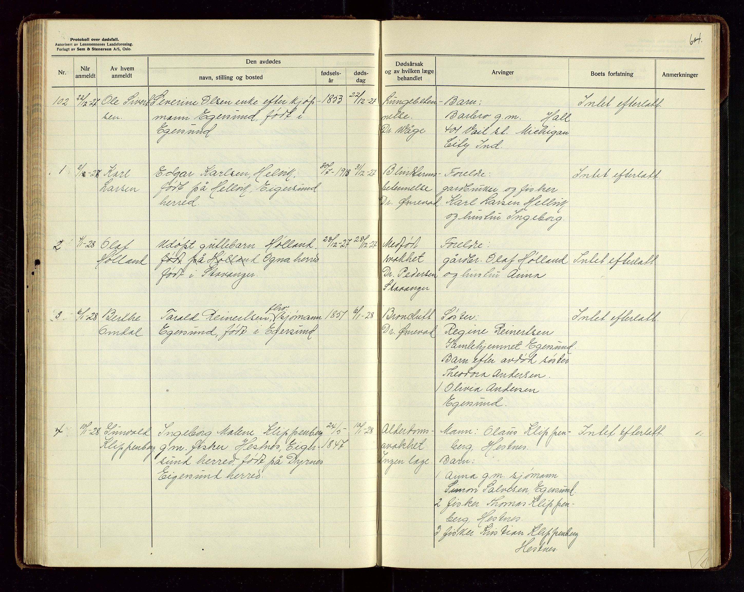 Eigersund lensmannskontor, AV/SAST-A-100171/Gga/L0010: "Protokoll over anmeldte dødsfall" m/alfabetisk navneregister, 1926-1928, s. 64