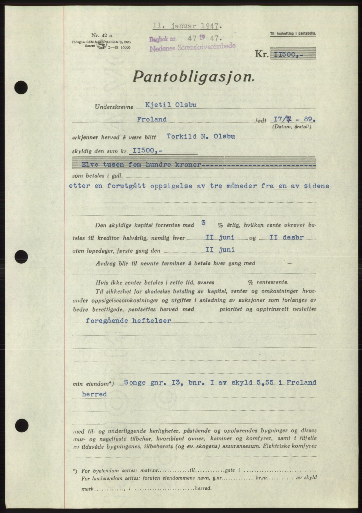 Nedenes sorenskriveri, SAK/1221-0006/G/Gb/Gbb/L0004: Pantebok nr. B4, 1947-1947, Dagboknr: 47/1947