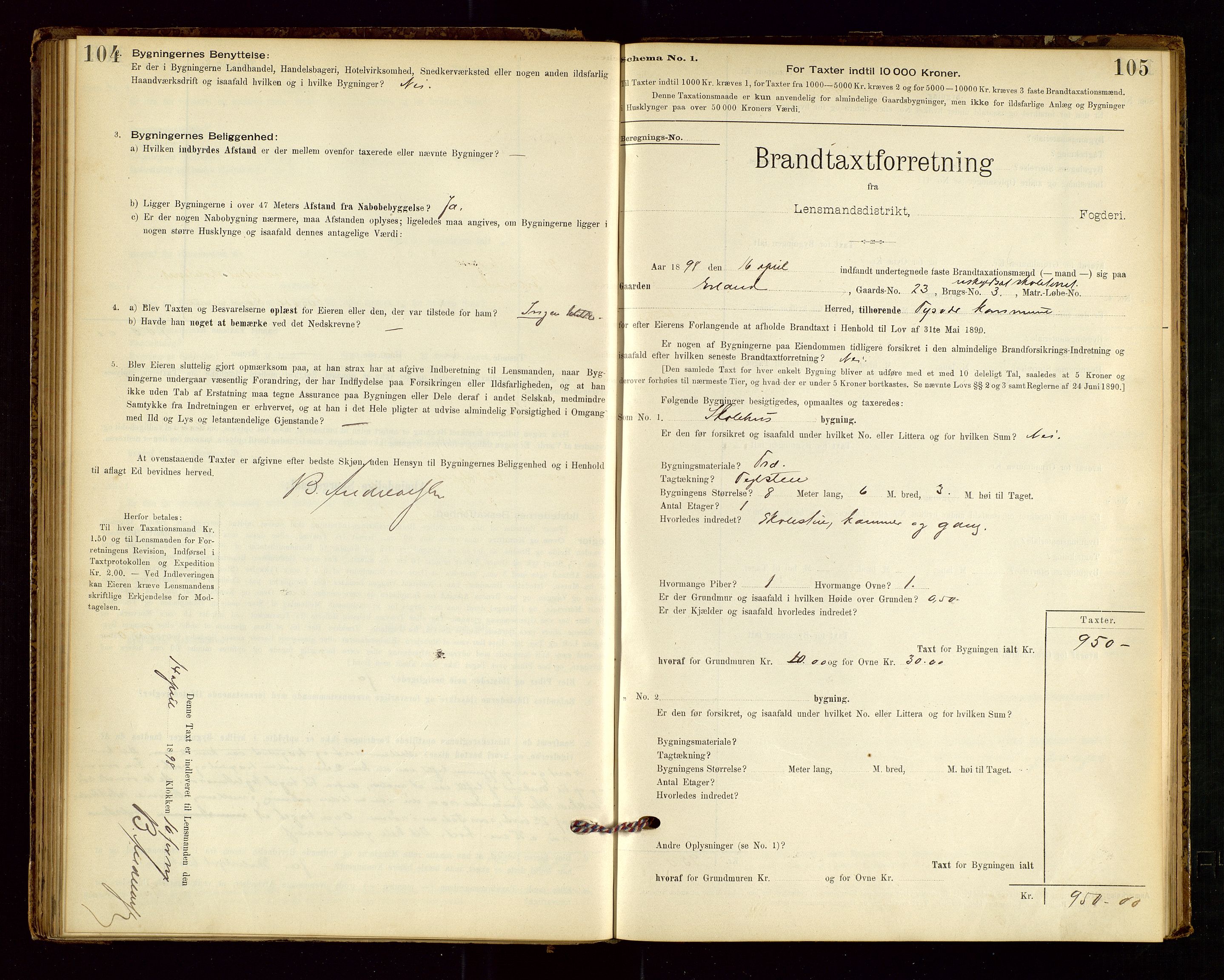 Tysvær lensmannskontor, AV/SAST-A-100192/Gob/L0001: "Brandtaxationsprotokol for Tysvær Lensmandsdistrikt Ryfylke Fogderi", 1894-1916, s. 104-105