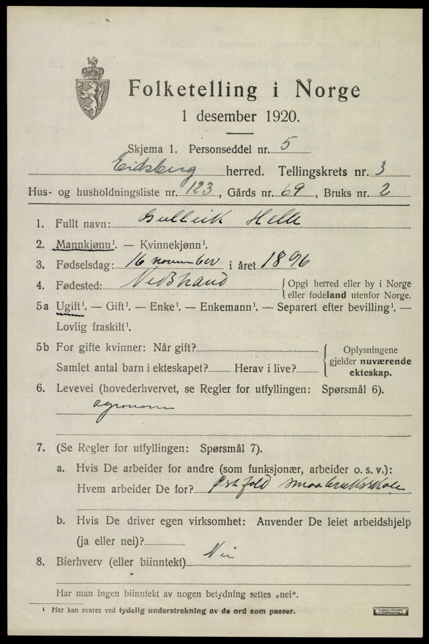 SAO, Folketelling 1920 for 0125 Eidsberg herred, 1920, s. 5661