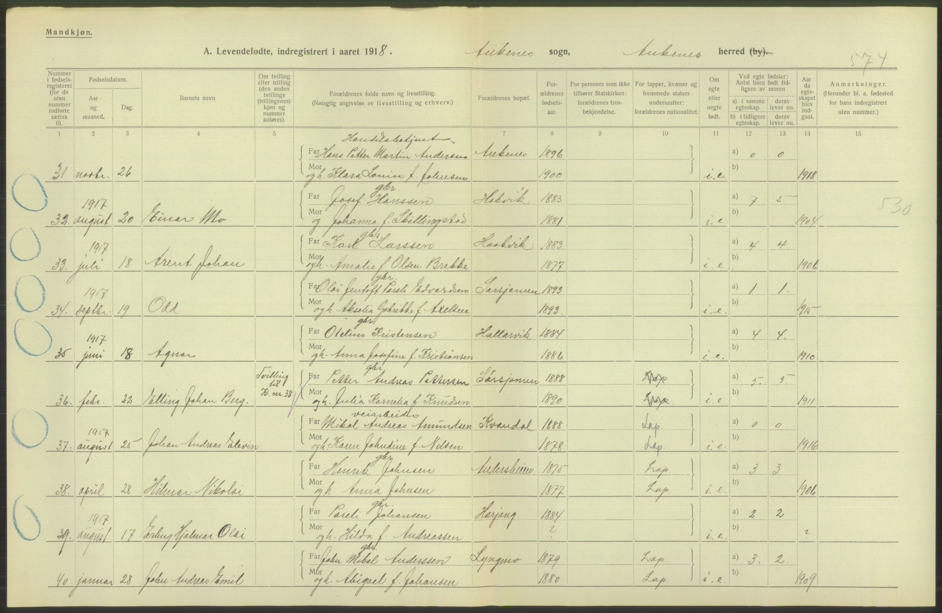 Statistisk sentralbyrå, Sosiodemografiske emner, Befolkning, AV/RA-S-2228/D/Df/Dfb/Dfbh/L0052: Nordland fylke: Levendefødte menn og kvinner. Bygder., 1918, s. 420