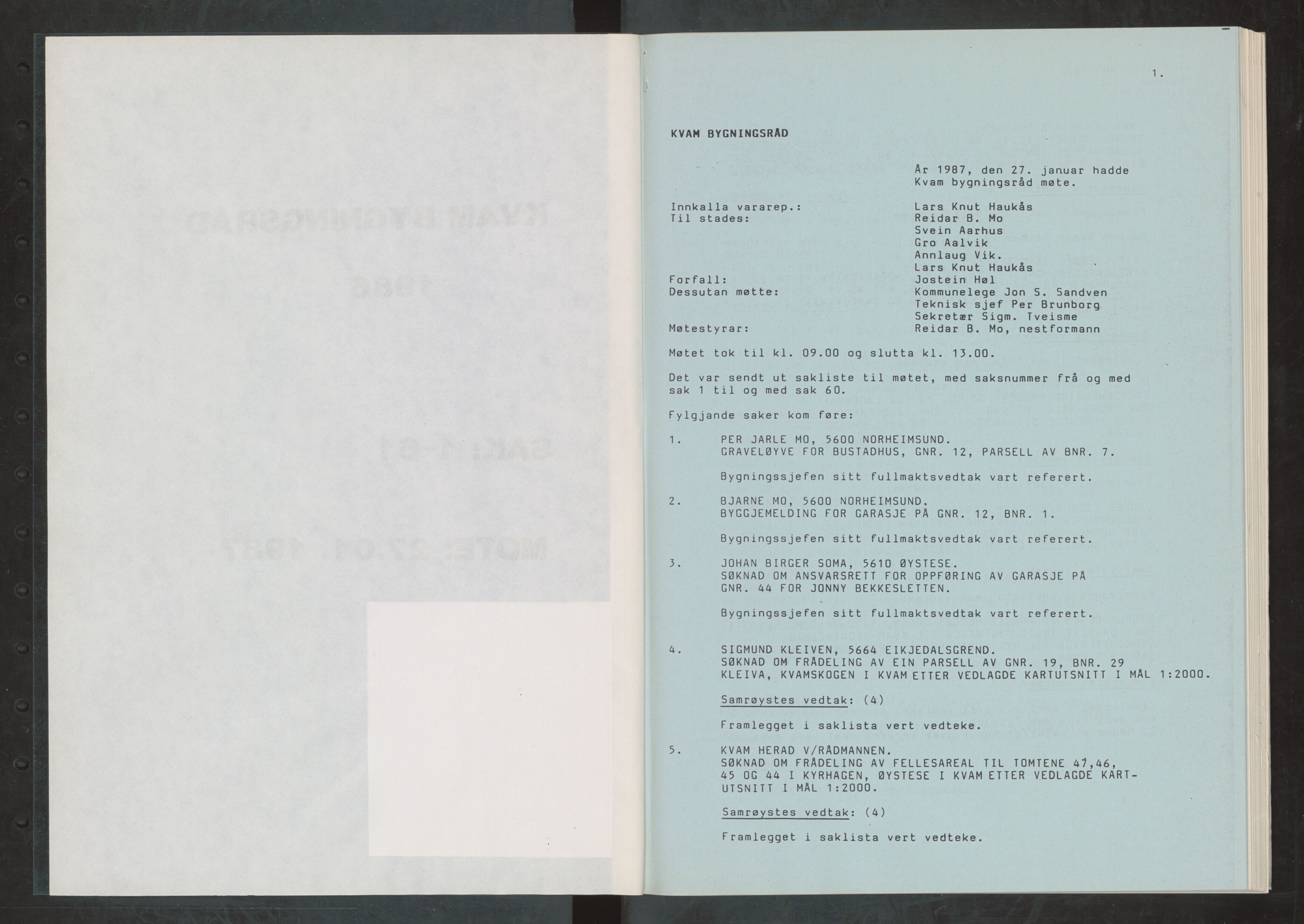 Kvam herad. Bygningsrådet, IKAH/1238-511/A/Ab/L0154: Utskrift av møtebok for Kvam bygningsråd, 1987