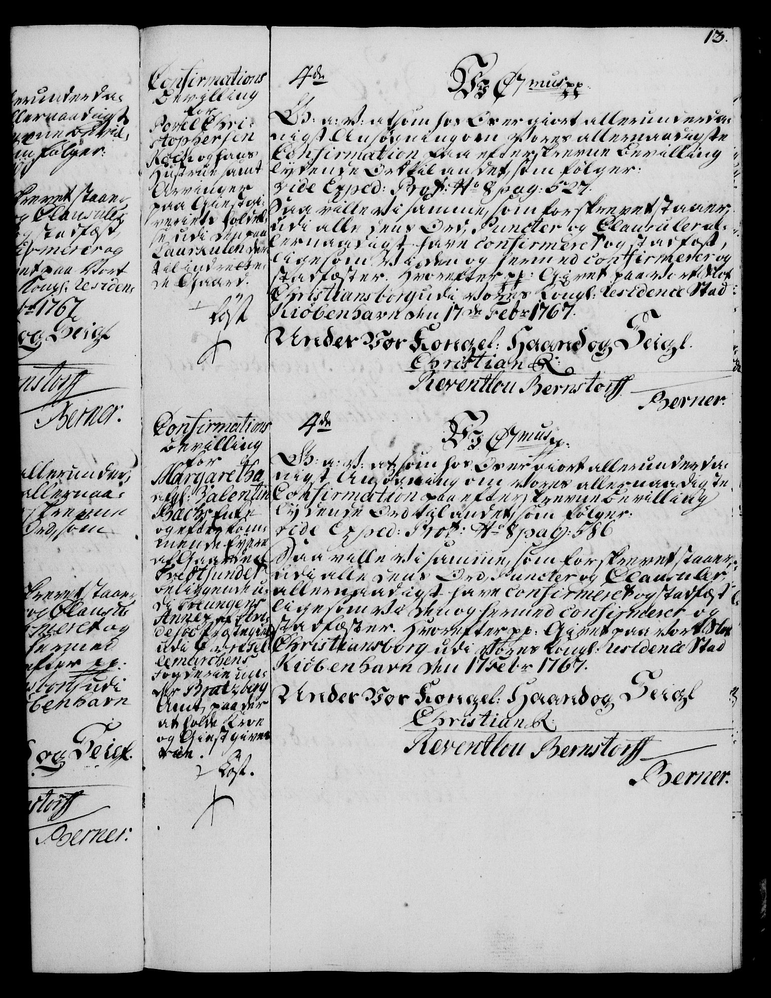 Rentekammeret, Kammerkanselliet, RA/EA-3111/G/Gg/Ggc/Ggca/L0002: Norsk konfirmasjonsekspedisjonsprotokoll med register (merket RK 53.24), 1766-1772, s. 13