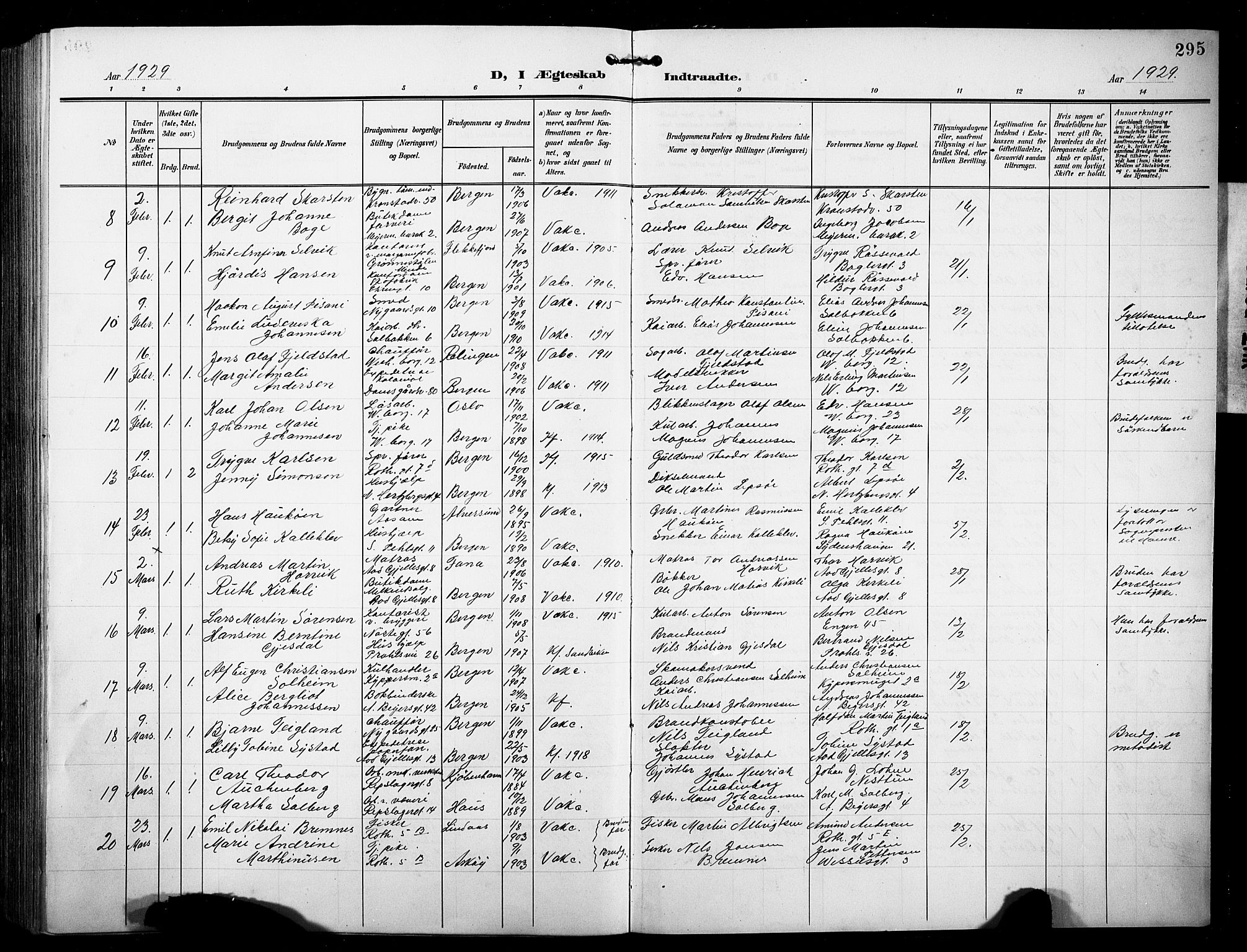 Sandviken Sokneprestembete, AV/SAB-A-77601/H/Hb/L0014: Klokkerbok nr. D 1, 1902-1929, s. 295