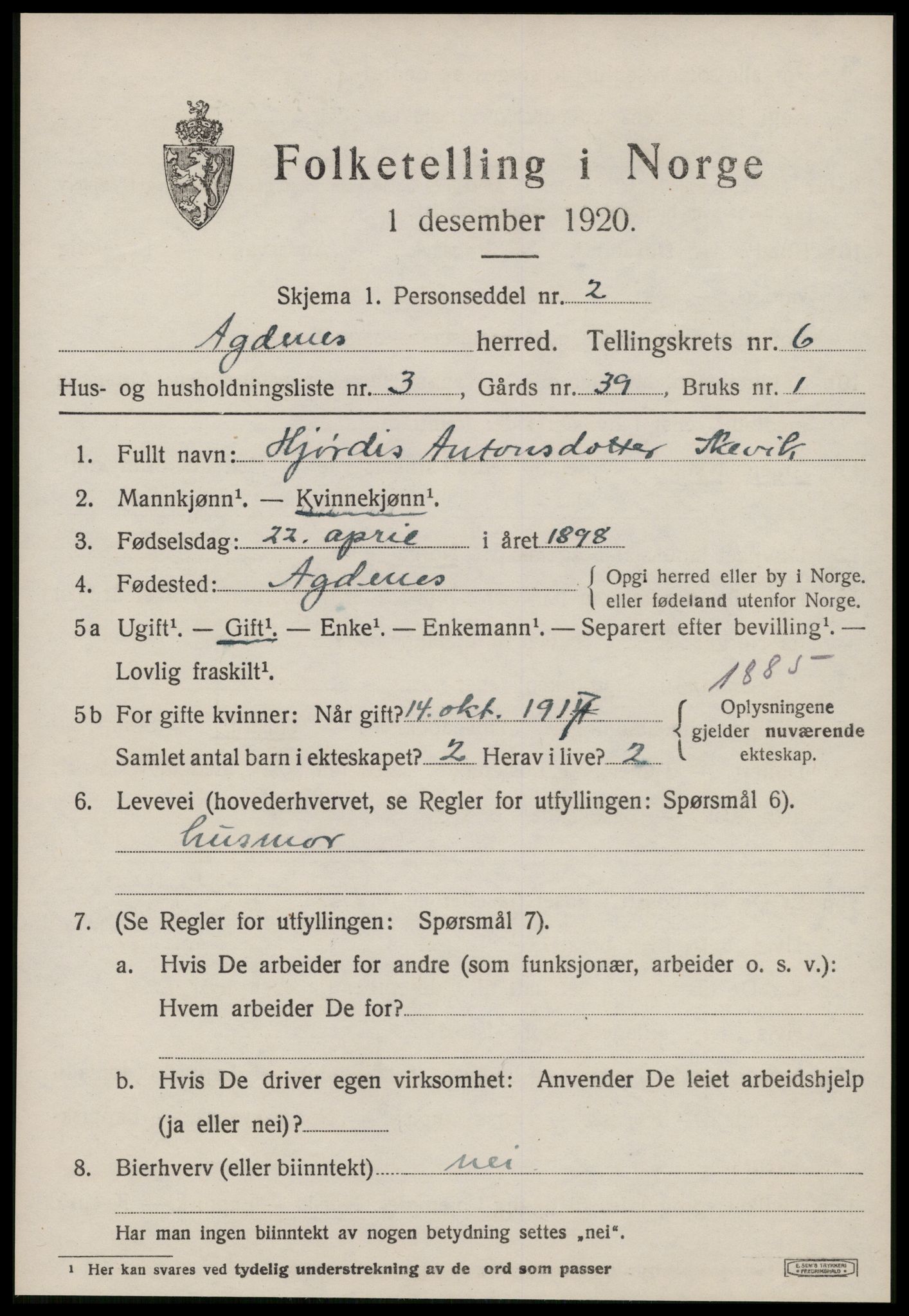 SAT, Folketelling 1920 for 1622 Agdenes herred, 1920, s. 2489