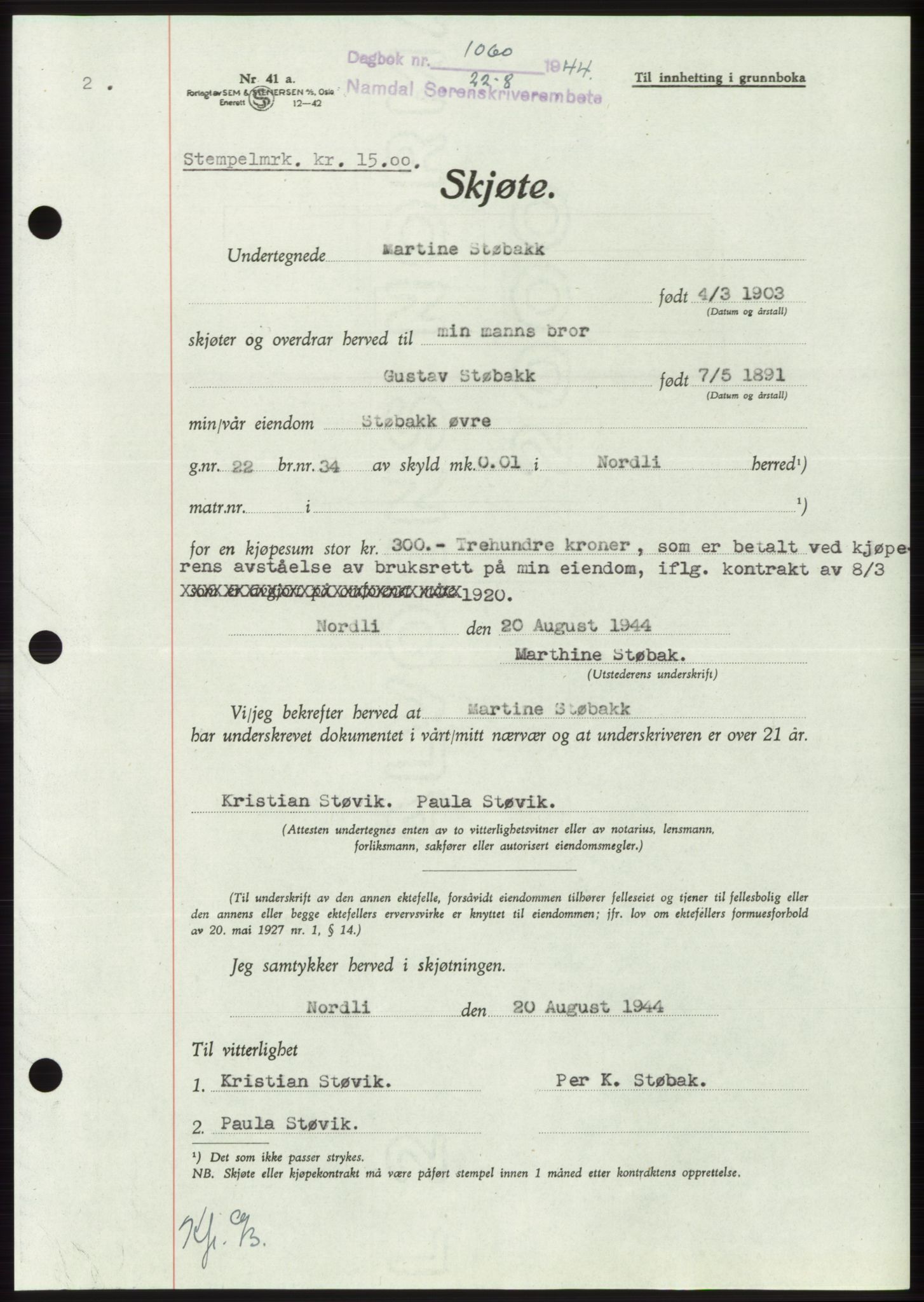 Namdal sorenskriveri, SAT/A-4133/1/2/2C: Pantebok nr. -, 1944-1945, Dagboknr: 1060/1944