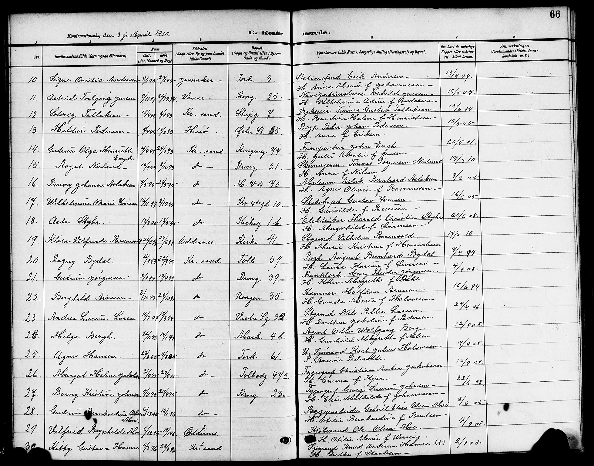 Kristiansand domprosti, AV/SAK-1112-0006/F/Fb/L0020: Klokkerbok nr. B 20, 1906-1915, s. 66