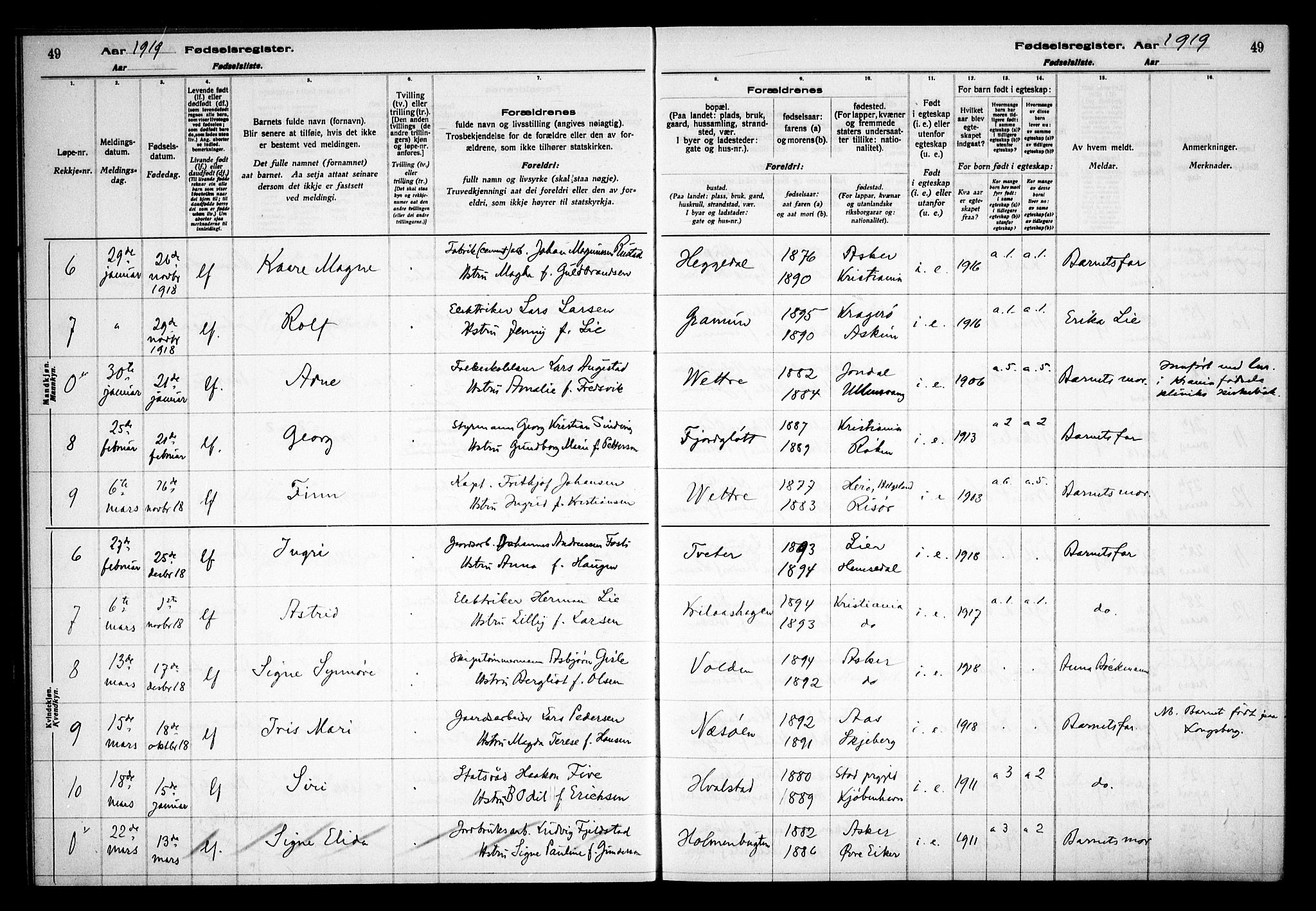 Asker prestekontor Kirkebøker, SAO/A-10256a/J/L0001: Fødselsregister nr. 1, 1916-1925, s. 49