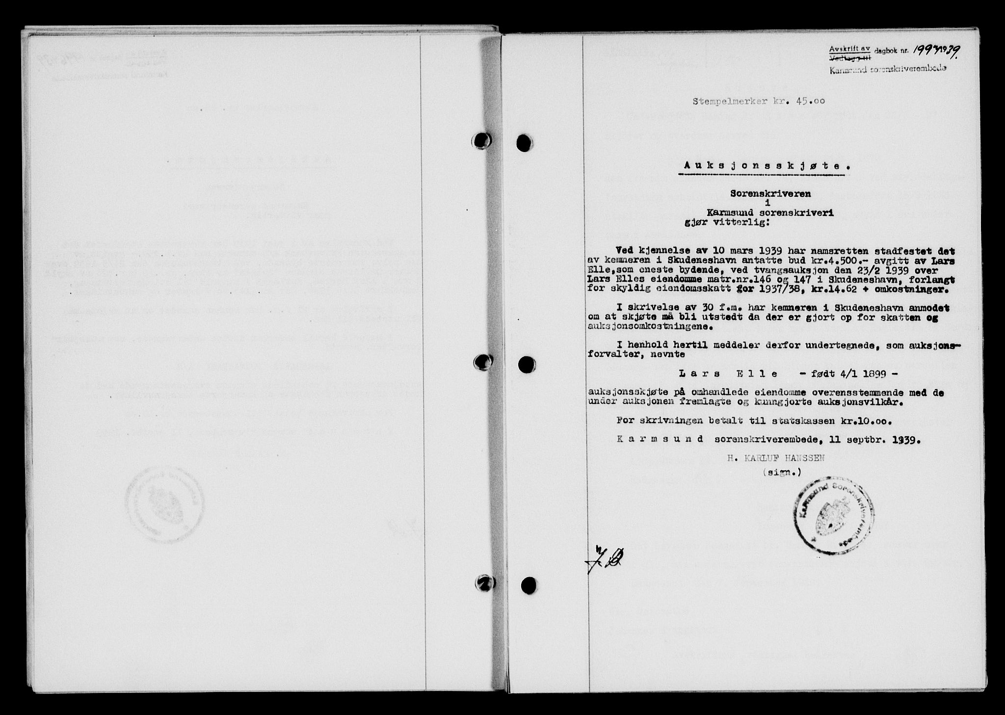 Karmsund sorenskriveri, SAST/A-100311/01/II/IIB/L0072: Pantebok nr. 53A, 1939-1940, Dagboknr: 1997/1939