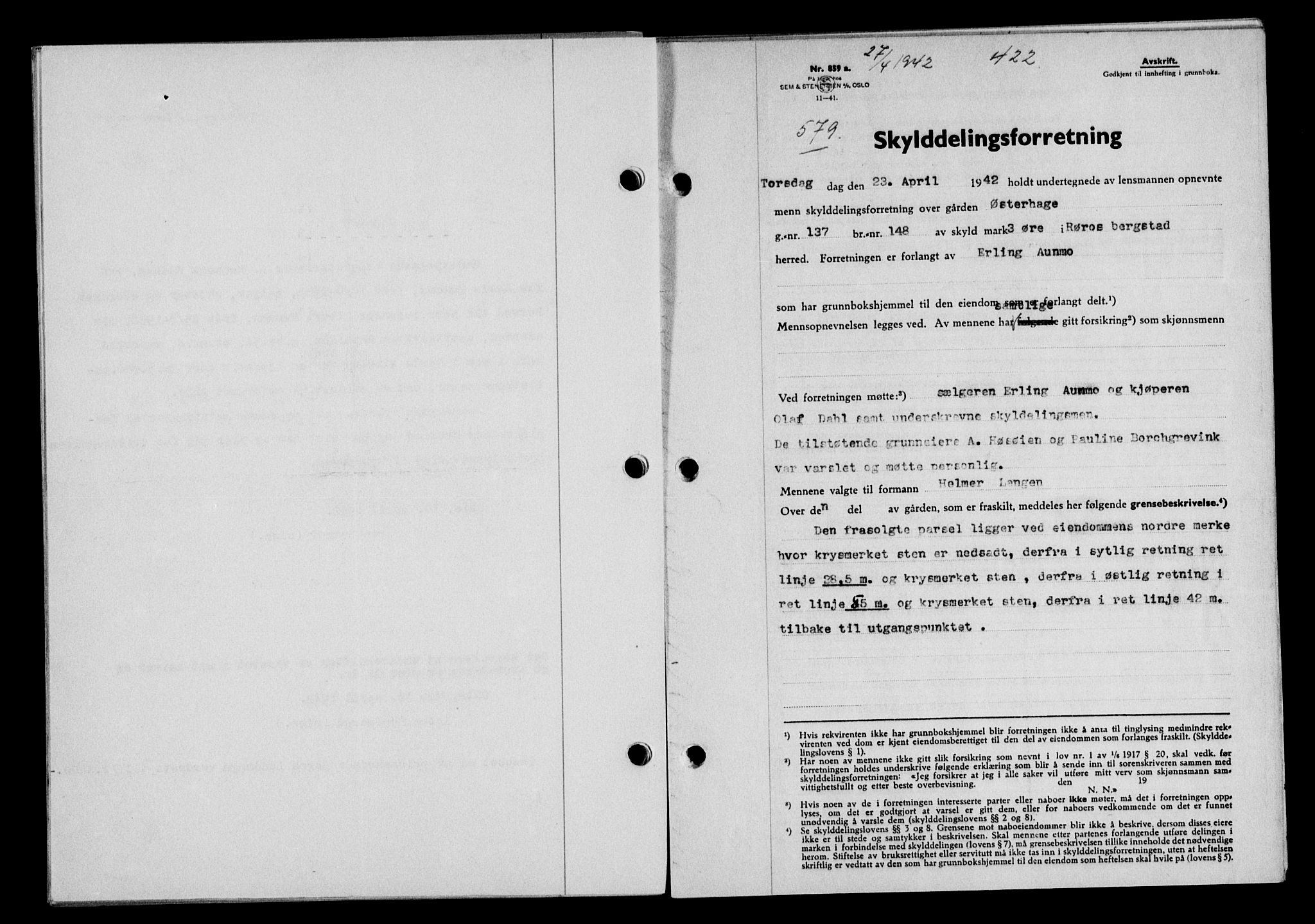 Gauldal sorenskriveri, SAT/A-0014/1/2/2C/L0054: Pantebok nr. 59, 1941-1942, Dagboknr: 579/1942