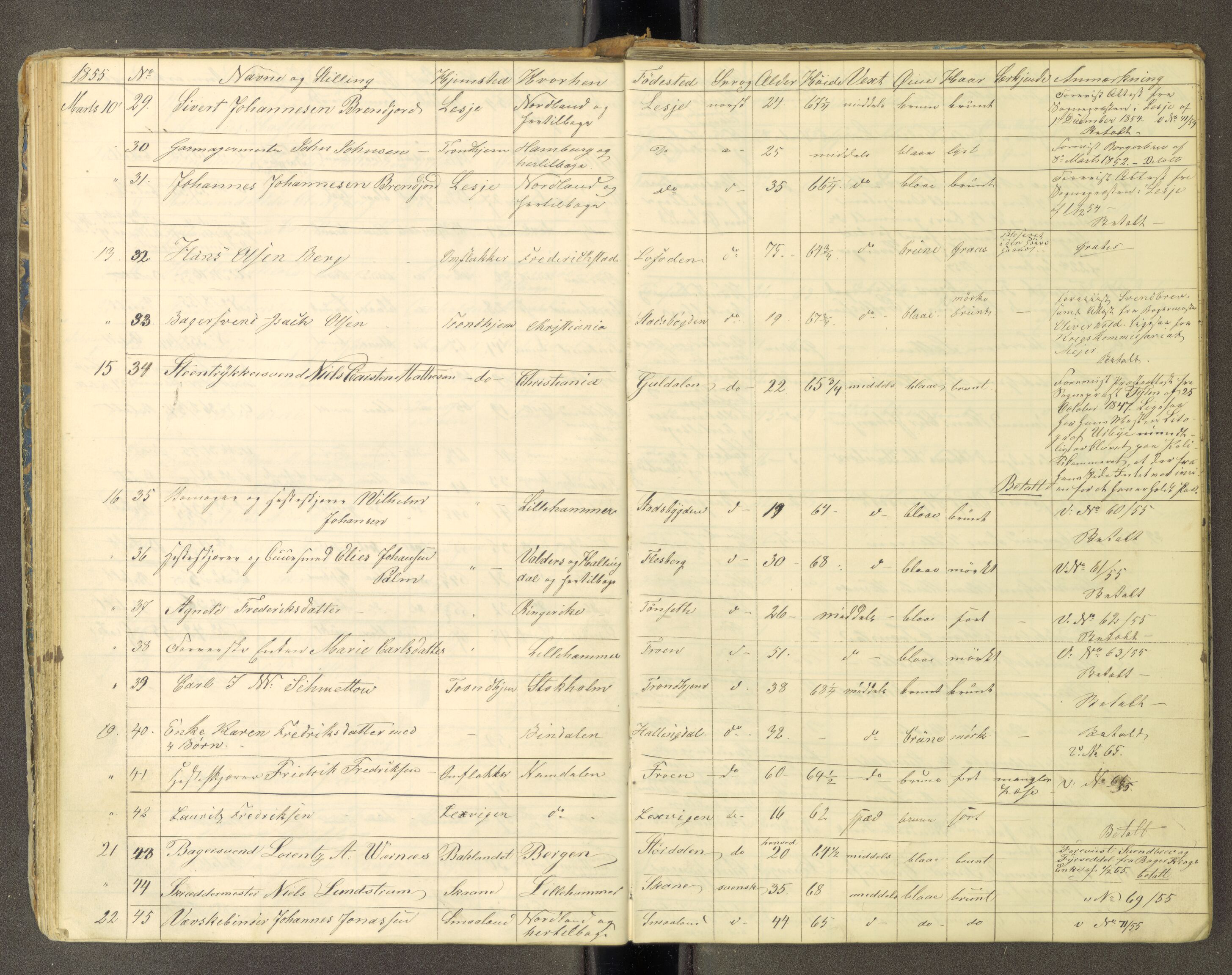 Trondheim politikammer, AV/SAT-A-1887/1/30/L0010: Passprotokoll. Utstedte pass 1850-1855. Innleverte pass 1850-1860, 1850-1860