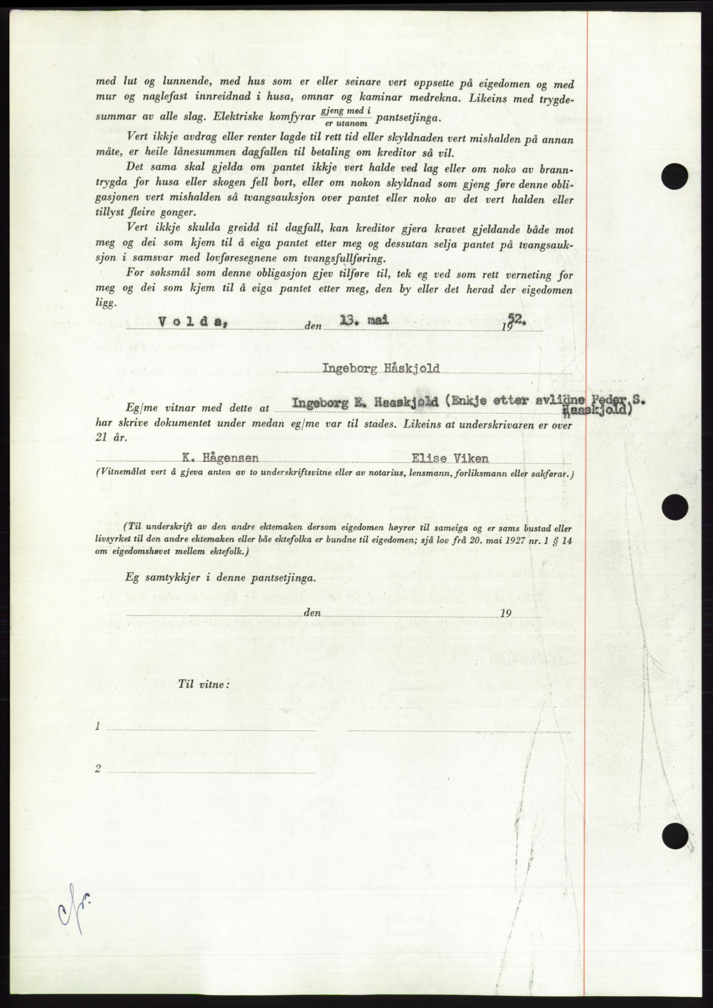 Søre Sunnmøre sorenskriveri, AV/SAT-A-4122/1/2/2C/L0121: Pantebok nr. 9B, 1951-1952, Dagboknr: 925/1952