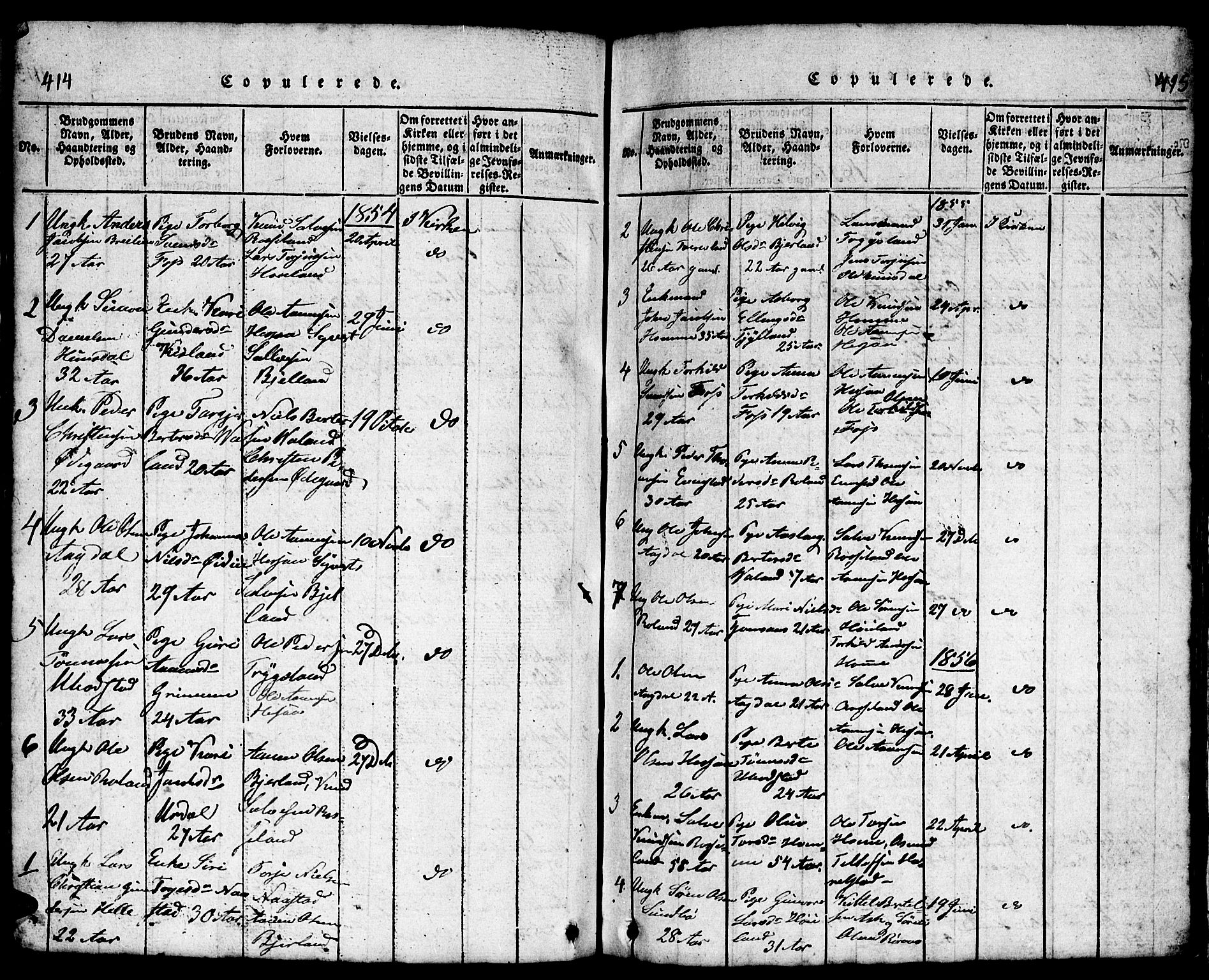Bjelland sokneprestkontor, AV/SAK-1111-0005/F/Fb/Fba/L0003: Klokkerbok nr. B 3, 1816-1870, s. 414-415