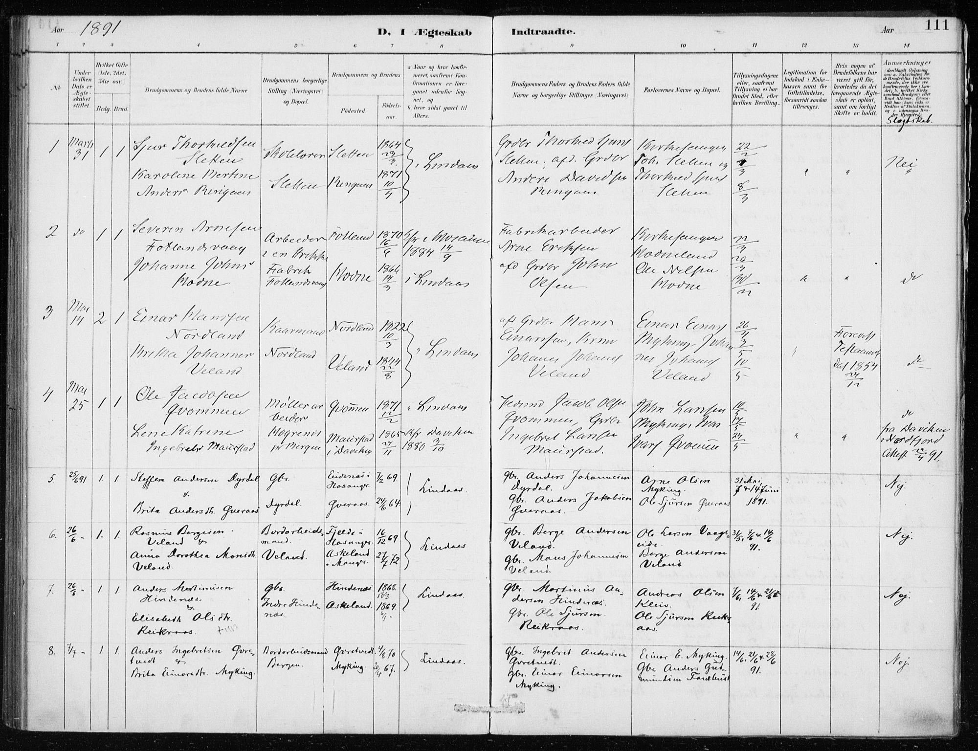 Lindås Sokneprestembete, AV/SAB-A-76701/H/Haa/Haaf/L0001: Ministerialbok nr. F  1, 1886-1897, s. 111