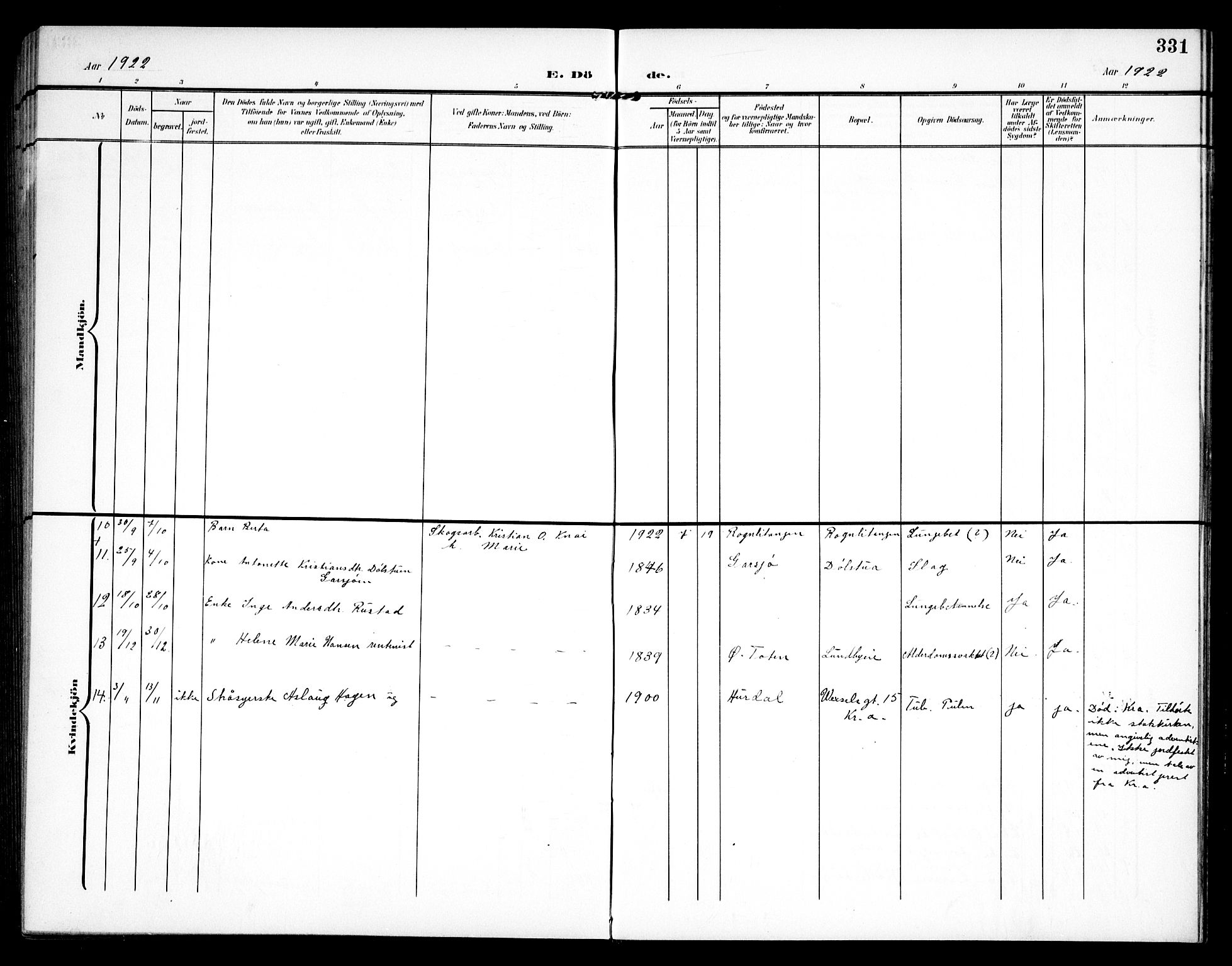 Hurdal prestekontor Kirkebøker, AV/SAO-A-10889/G/Ga/L0001: Klokkerbok nr. I 1, 1902-1934, s. 331