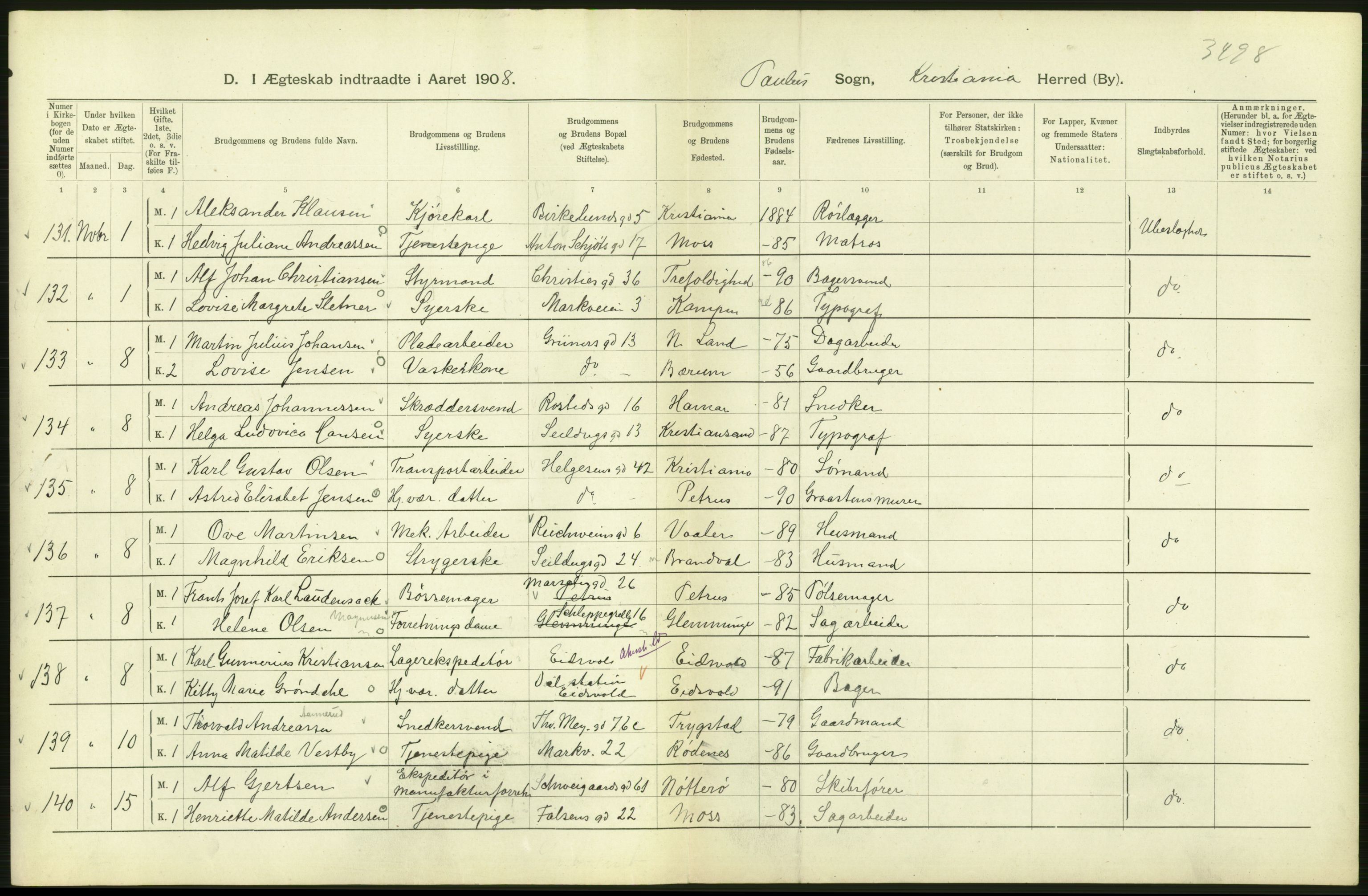 Statistisk sentralbyrå, Sosiodemografiske emner, Befolkning, AV/RA-S-2228/D/Df/Dfa/Dfaf/L0007: Kristiania: Gifte, 1908, s. 256