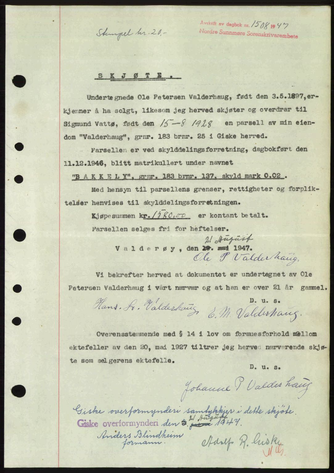 Nordre Sunnmøre sorenskriveri, AV/SAT-A-0006/1/2/2C/2Ca: Pantebok nr. A25, 1947-1947, Dagboknr: 1508/1947