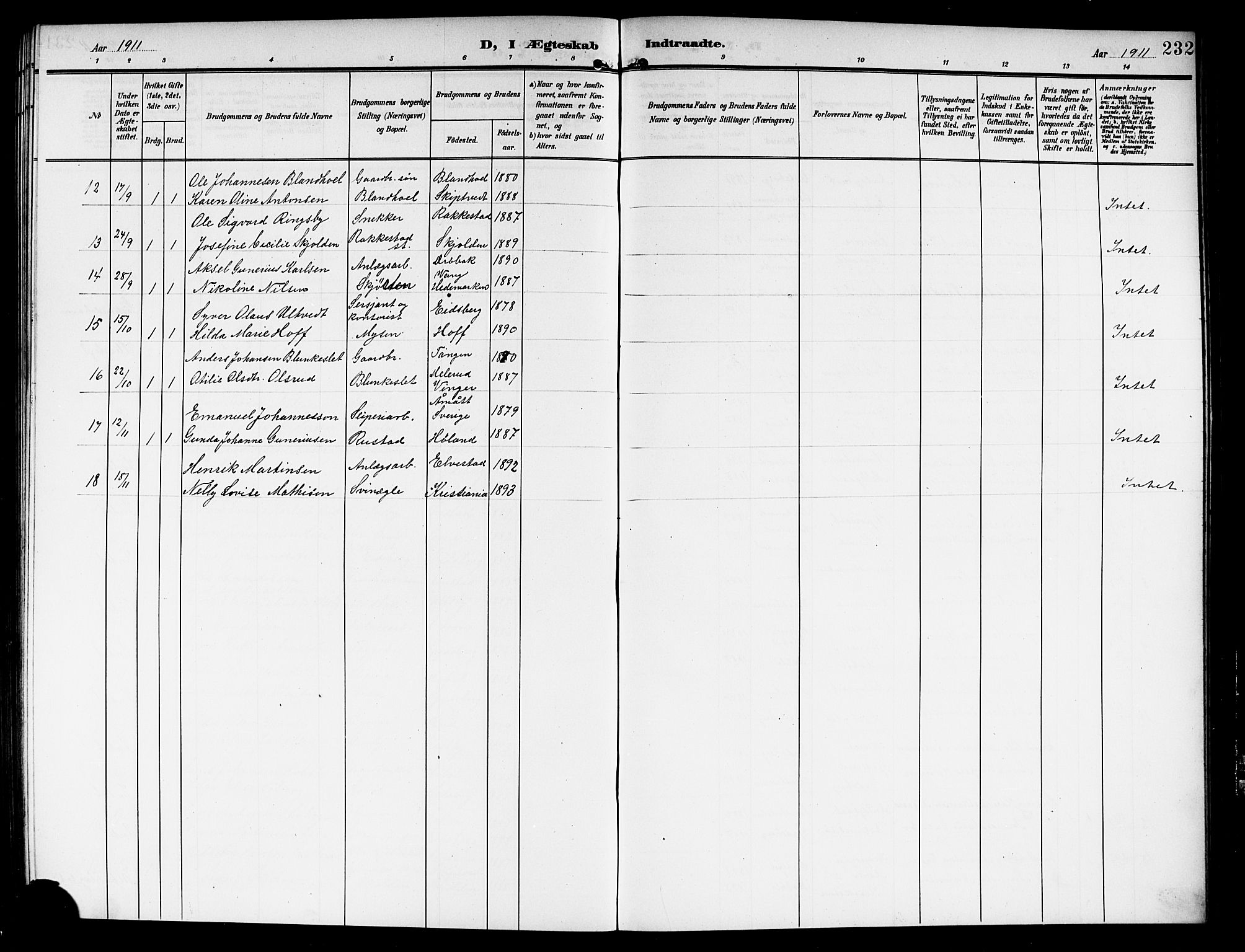 Askim prestekontor Kirkebøker, AV/SAO-A-10900/G/Ga/L0002: Klokkerbok nr. 2, 1903-1921, s. 232