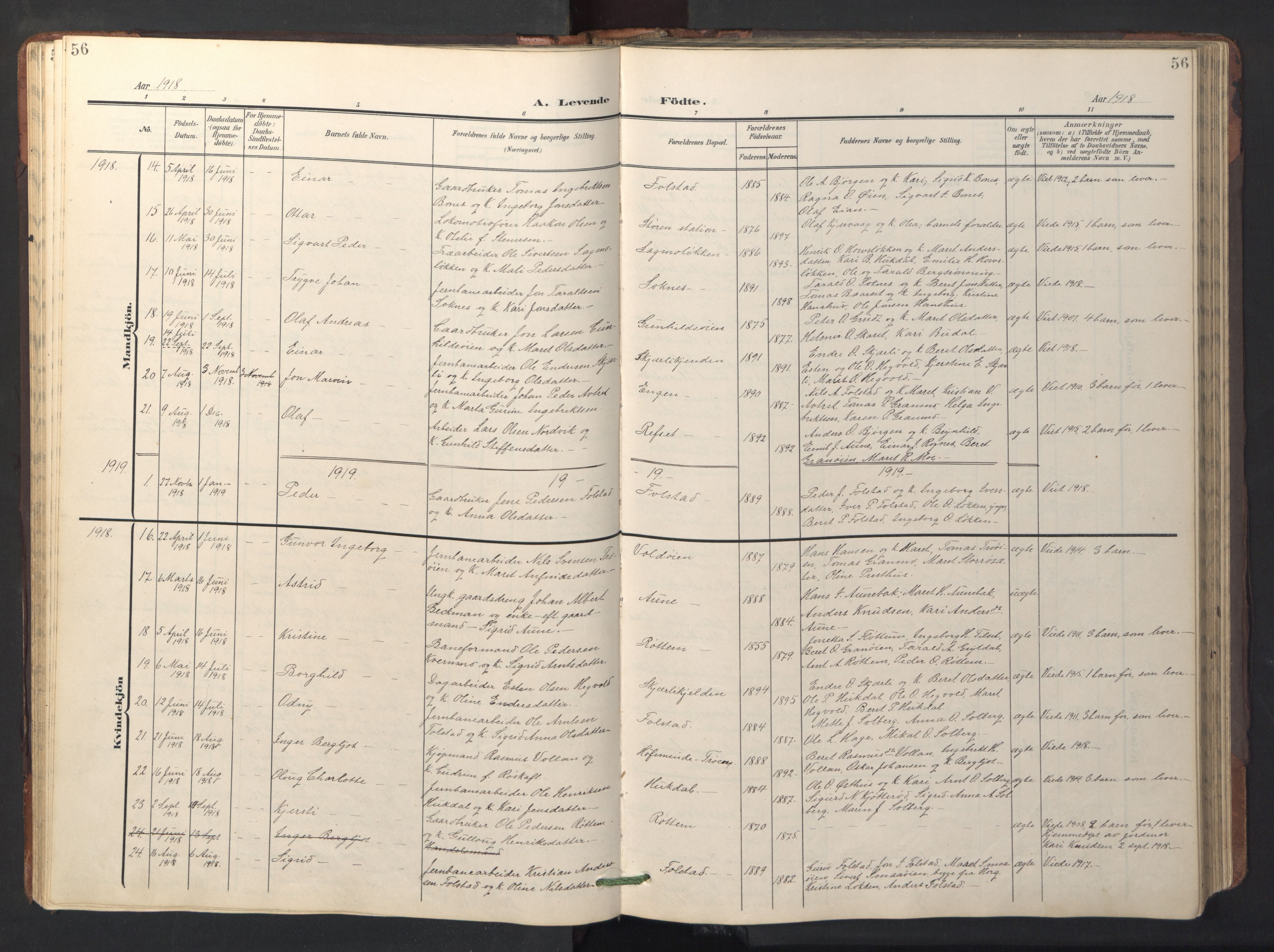 Ministerialprotokoller, klokkerbøker og fødselsregistre - Sør-Trøndelag, AV/SAT-A-1456/687/L1019: Klokkerbok nr. 687C03, 1904-1931, s. 56