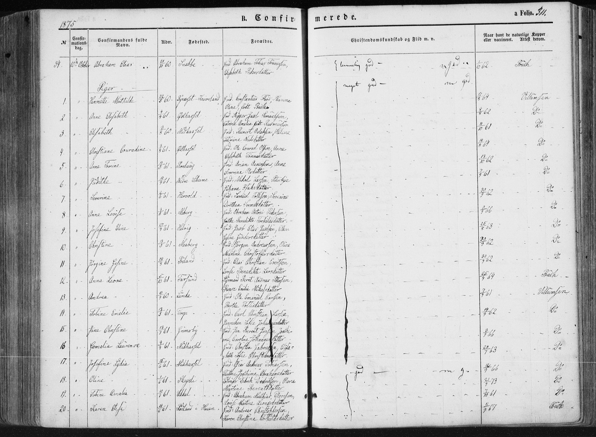 Lista sokneprestkontor, AV/SAK-1111-0027/F/Fa/L0011: Ministerialbok nr. A 11, 1861-1878, s. 311