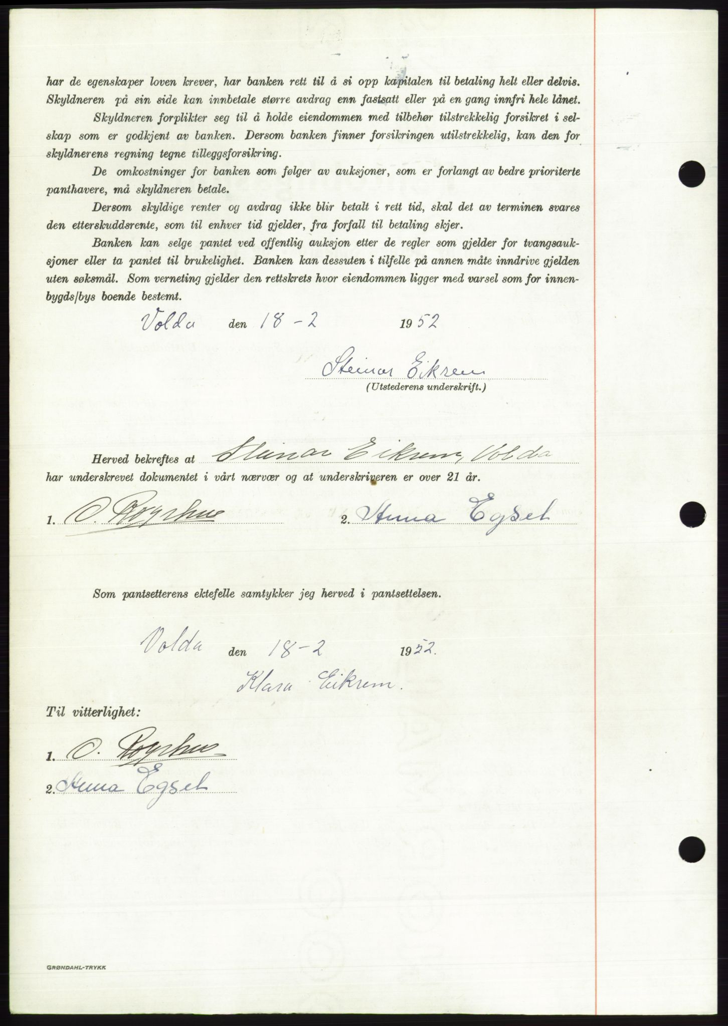 Søre Sunnmøre sorenskriveri, AV/SAT-A-4122/1/2/2C/L0121: Pantebok nr. 9B, 1951-1952, Dagboknr: 297/1952