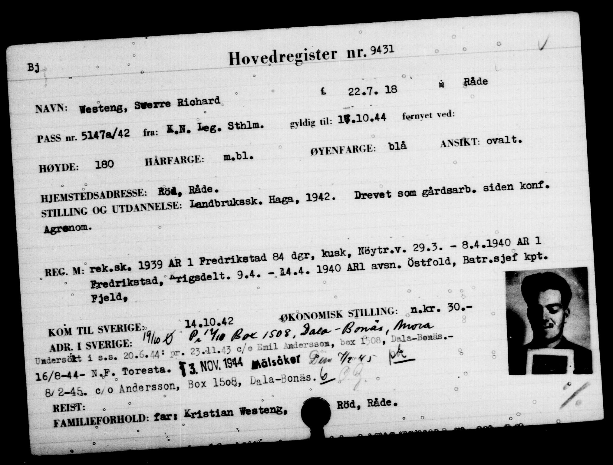 Utenriksstasjonene, Legasjonen i Stockholm, Flyktningkontoret, AV/RA-S-6753/V/Va/L0006: Kjesäterkartoteket, flyktninger med registreringsnr. 9400-12711, 1940-1945, s. 34