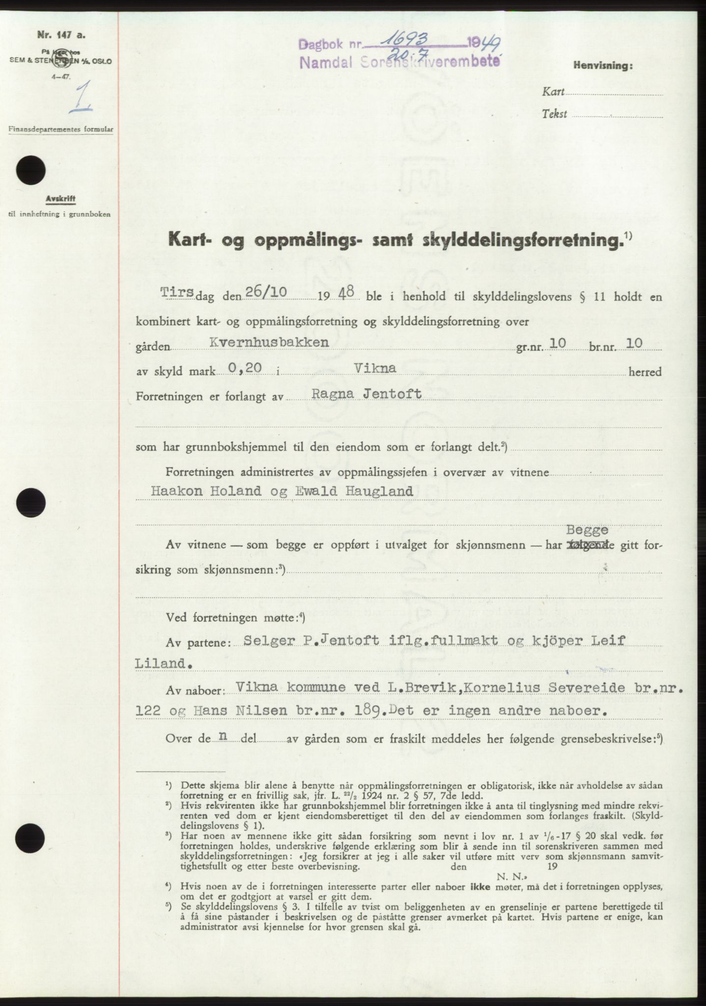 Namdal sorenskriveri, SAT/A-4133/1/2/2C: Pantebok nr. -, 1949-1949, Dagboknr: 1693/1949