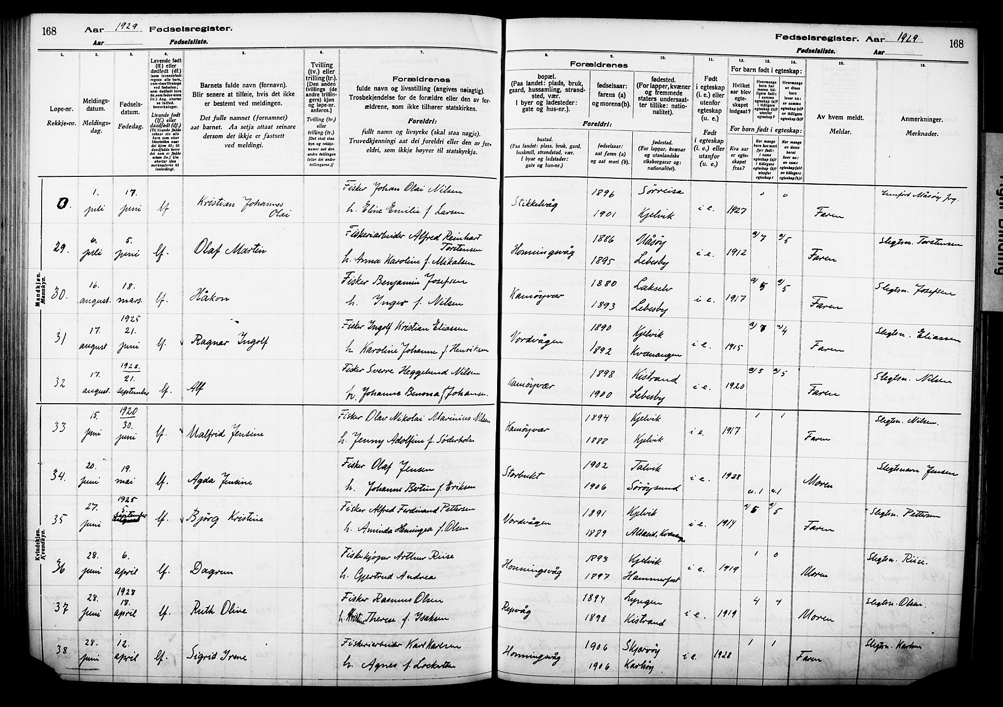 Kjelvik/Nordkapp sokneprestkontor, AV/SATØ-S-1350/I/Ia/L0015: Fødselsregister nr. 15, 1916-1930, s. 168