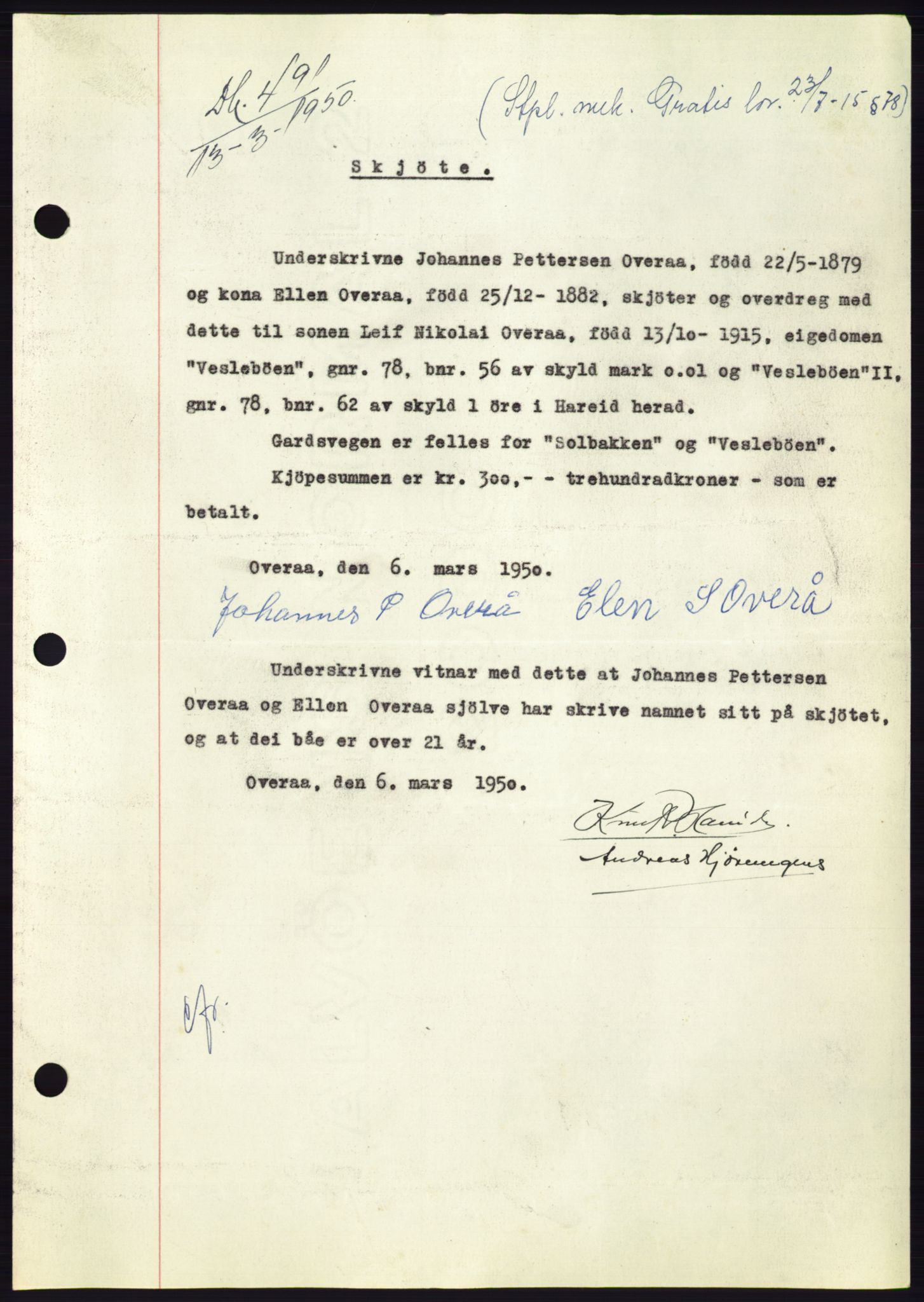 Søre Sunnmøre sorenskriveri, AV/SAT-A-4122/1/2/2C/L0086: Pantebok nr. 12A, 1949-1950, Dagboknr: 491/1950