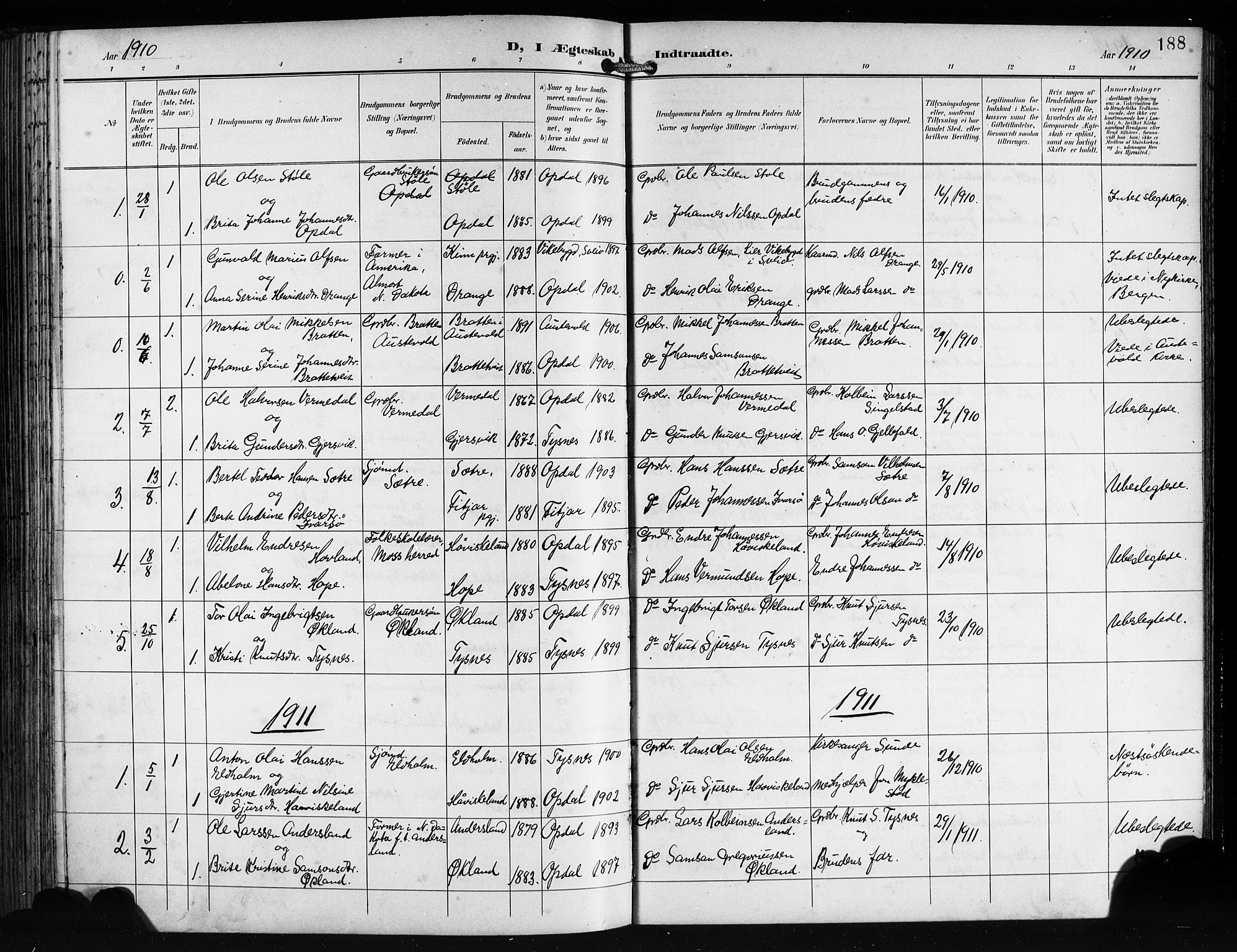 Tysnes sokneprestembete, AV/SAB-A-78601/H/Hab: Klokkerbok nr. E 3, 1897-1913, s. 188