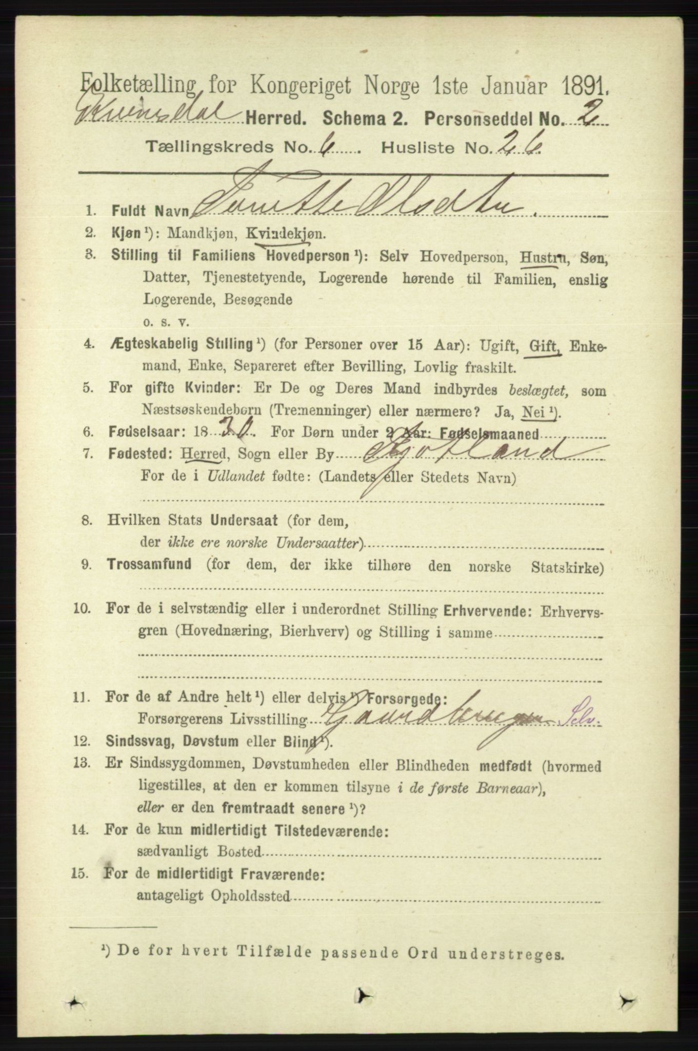 RA, Folketelling 1891 for 1037 Kvinesdal herred, 1891, s. 2249