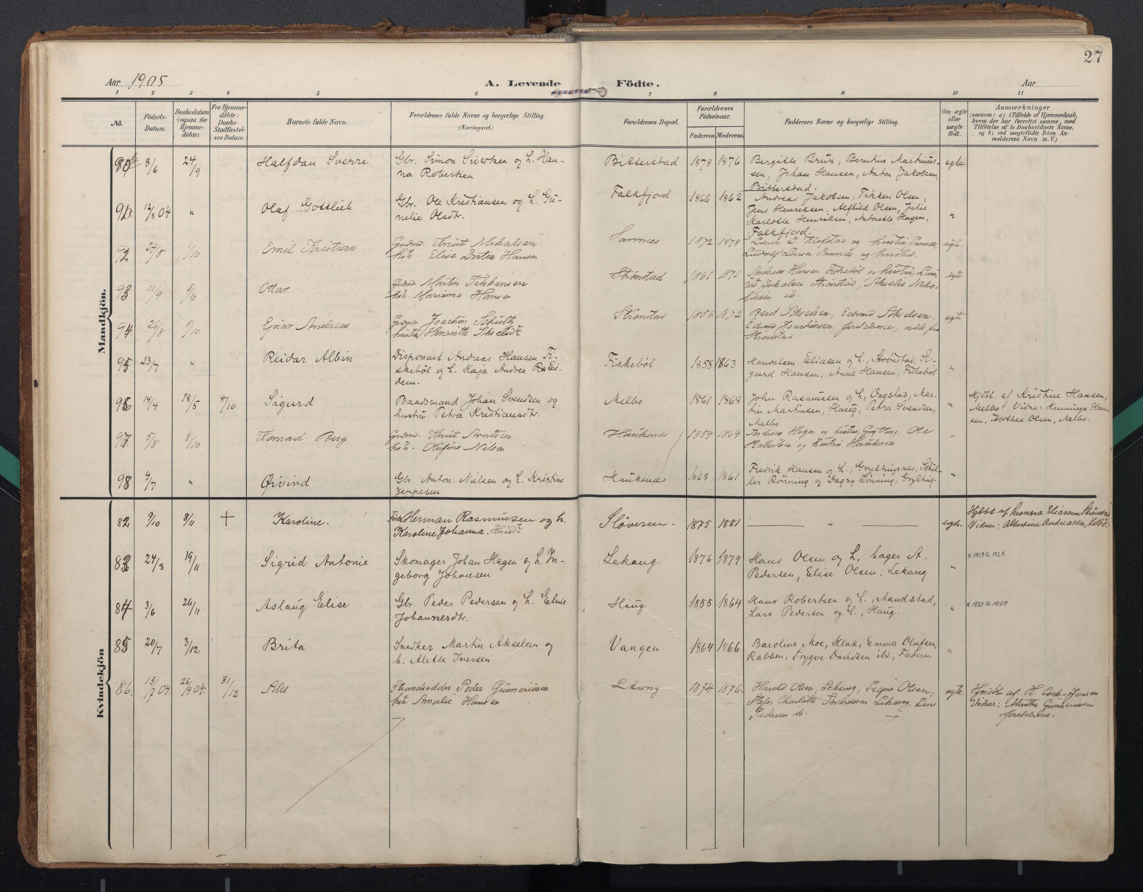 Ministerialprotokoller, klokkerbøker og fødselsregistre - Nordland, AV/SAT-A-1459/888/L1248: Ministerialbok nr. 888A14, 1904-1913, s. 27