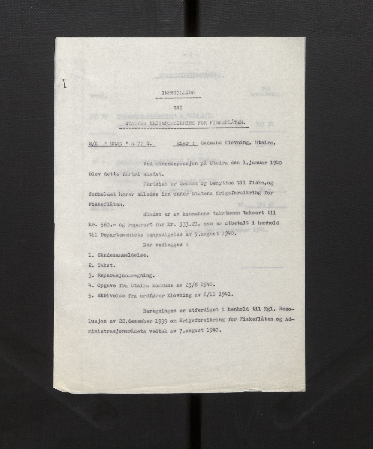 Fiskeridirektoratet - 1 Adm. ledelse - 13 Båtkontoret, AV/SAB-A-2003/La/L0008: Statens krigsforsikring for fiskeflåten, 1936-1971, s. 2