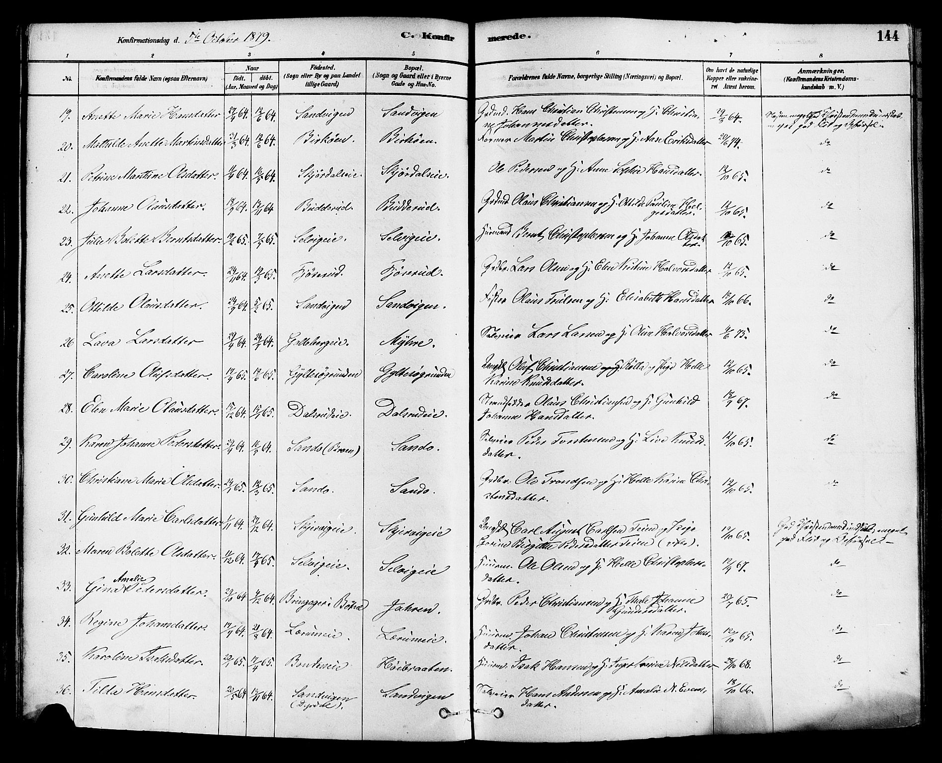 Sande Kirkebøker, AV/SAKO-A-53/F/Fa/L0006: Ministerialbok nr. 6, 1878-1888, s. 144