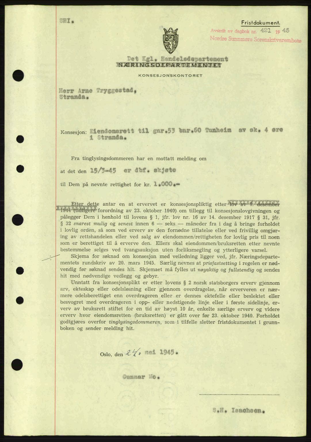 Nordre Sunnmøre sorenskriveri, AV/SAT-A-0006/1/2/2C/2Ca: Pantebok nr. B6-14 a, 1942-1945, Dagboknr: 421/1945