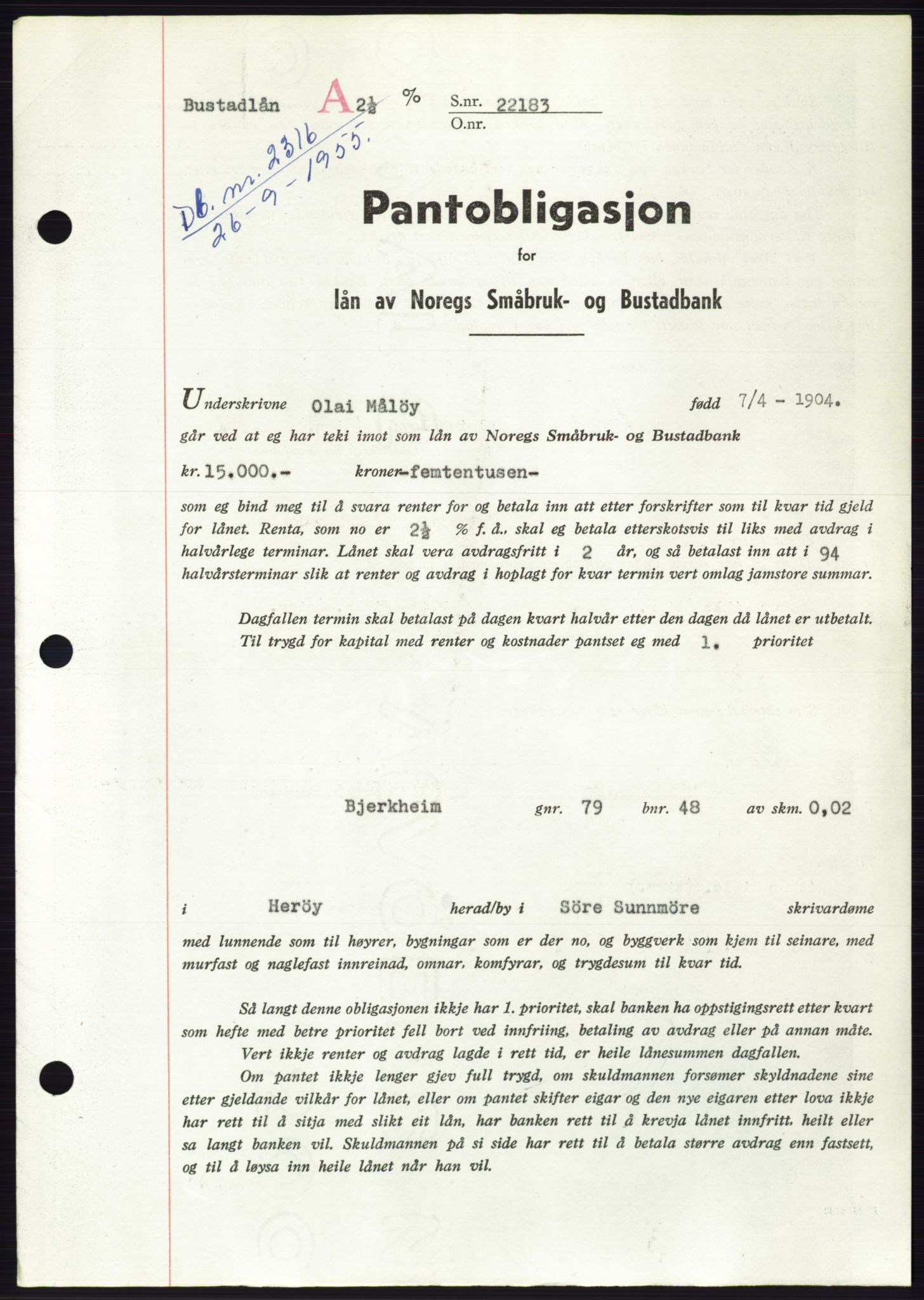 Søre Sunnmøre sorenskriveri, SAT/A-4122/1/2/2C/L0127: Pantebok nr. 15B, 1955-1955, Dagboknr: 2316/1955