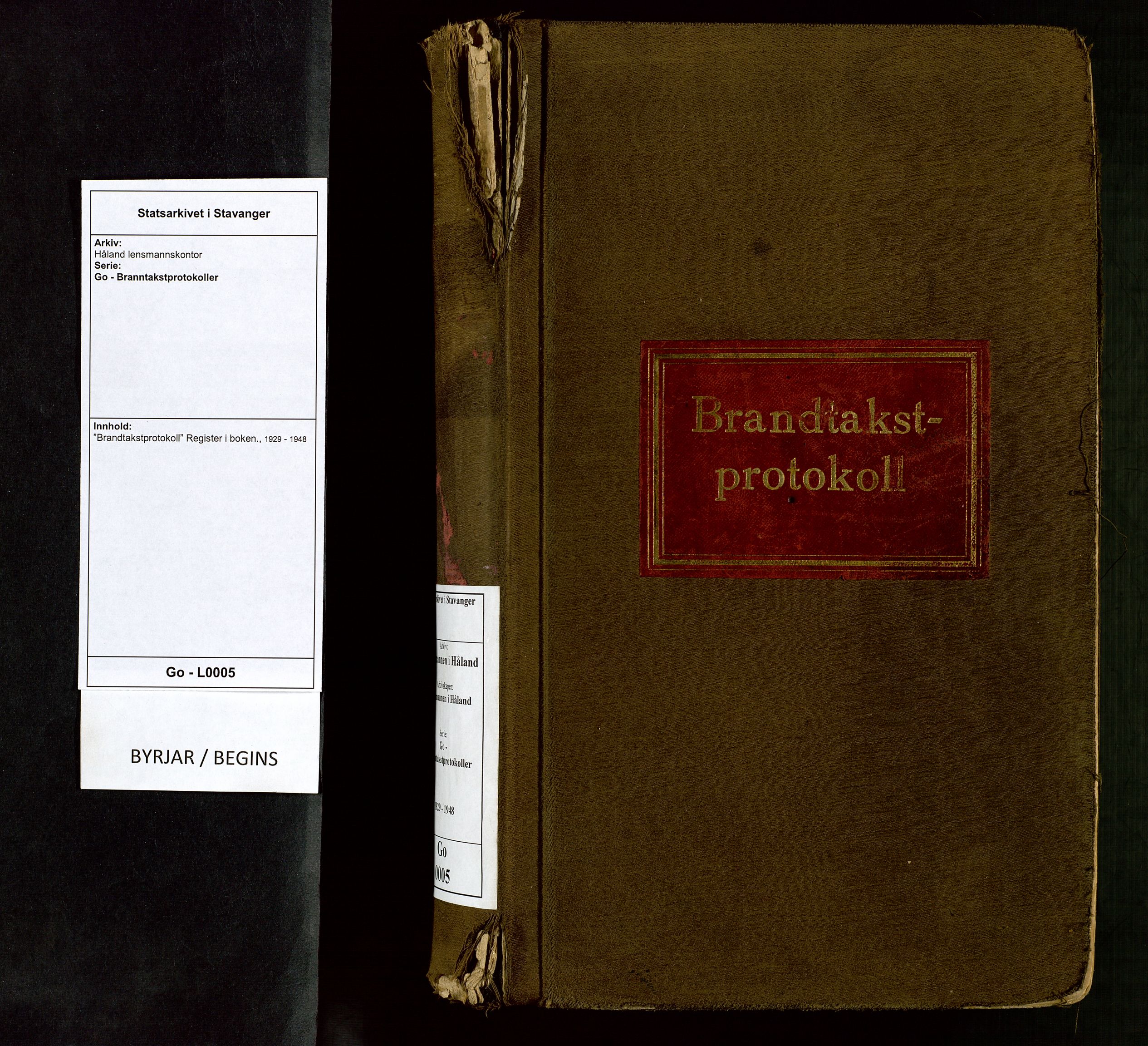 Håland lensmannskontor, SAST/A-100100/Go/L0005: "Brandtakstprotokoll"  Register i boken., 1929-1948