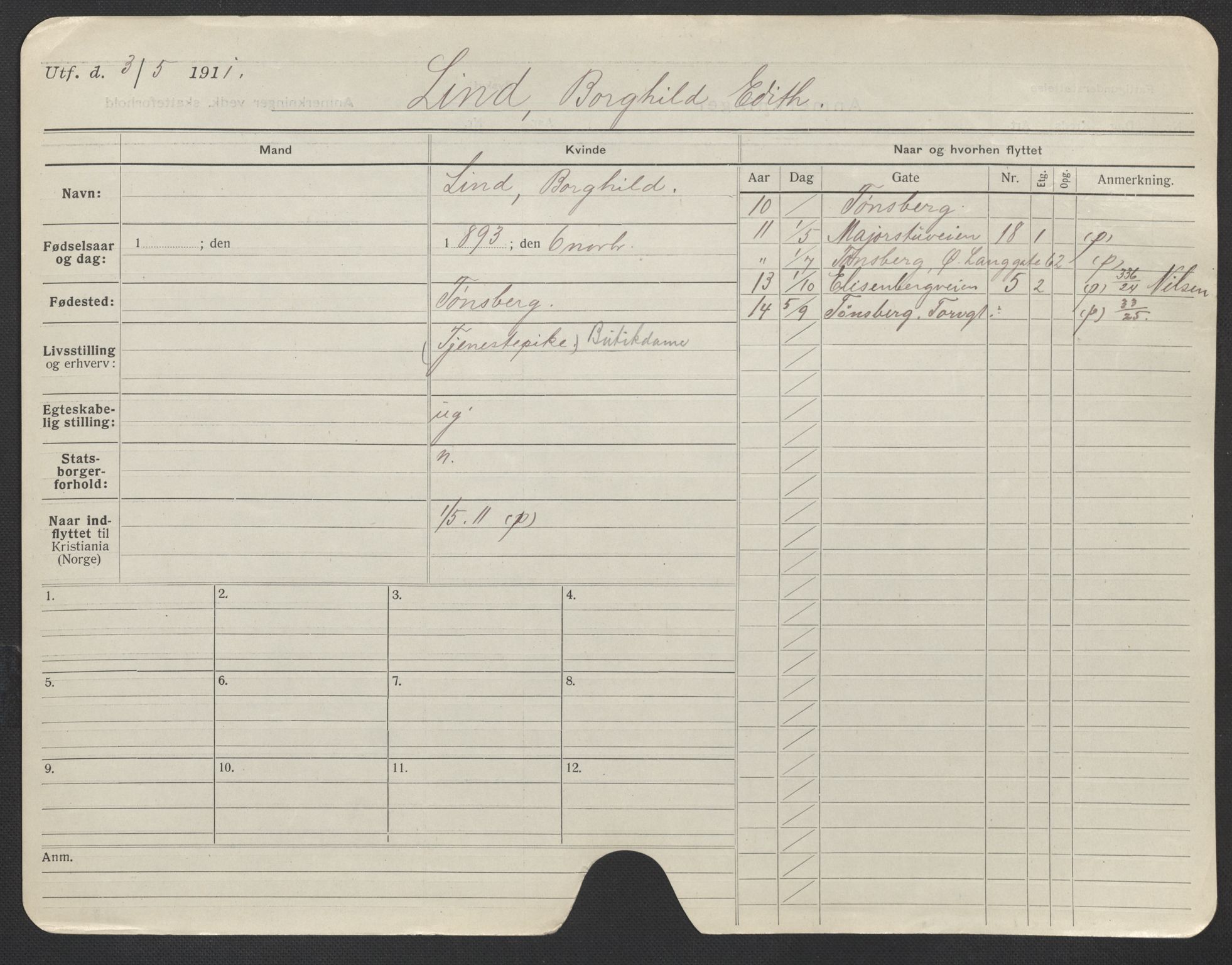 Oslo folkeregister, Registerkort, AV/SAO-A-11715/F/Fa/Fac/L0020: Kvinner, 1906-1914, s. 127a