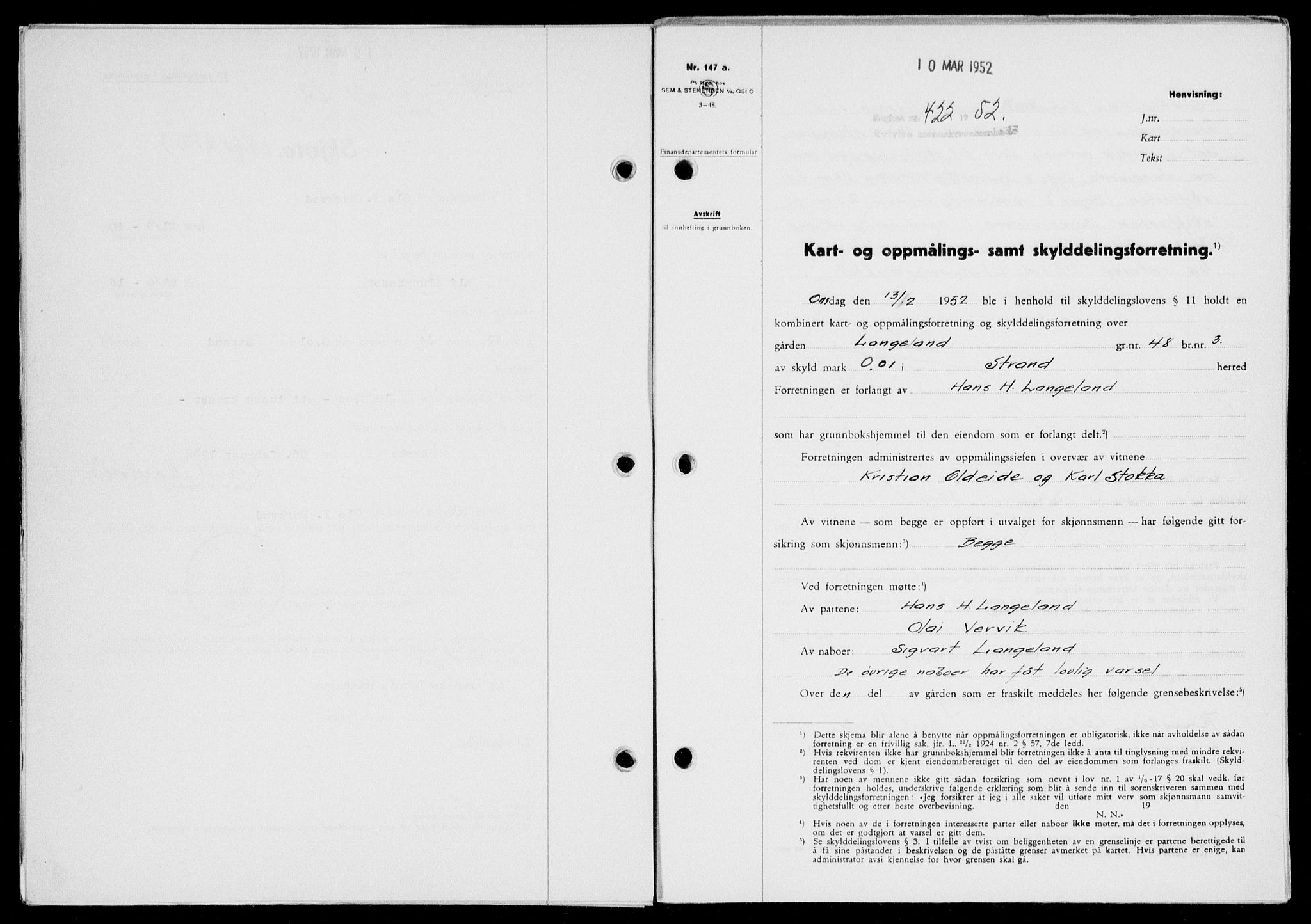 Ryfylke tingrett, SAST/A-100055/001/II/IIB/L0116: Pantebok nr. 95, 1951-1952, Dagboknr: 422/1952