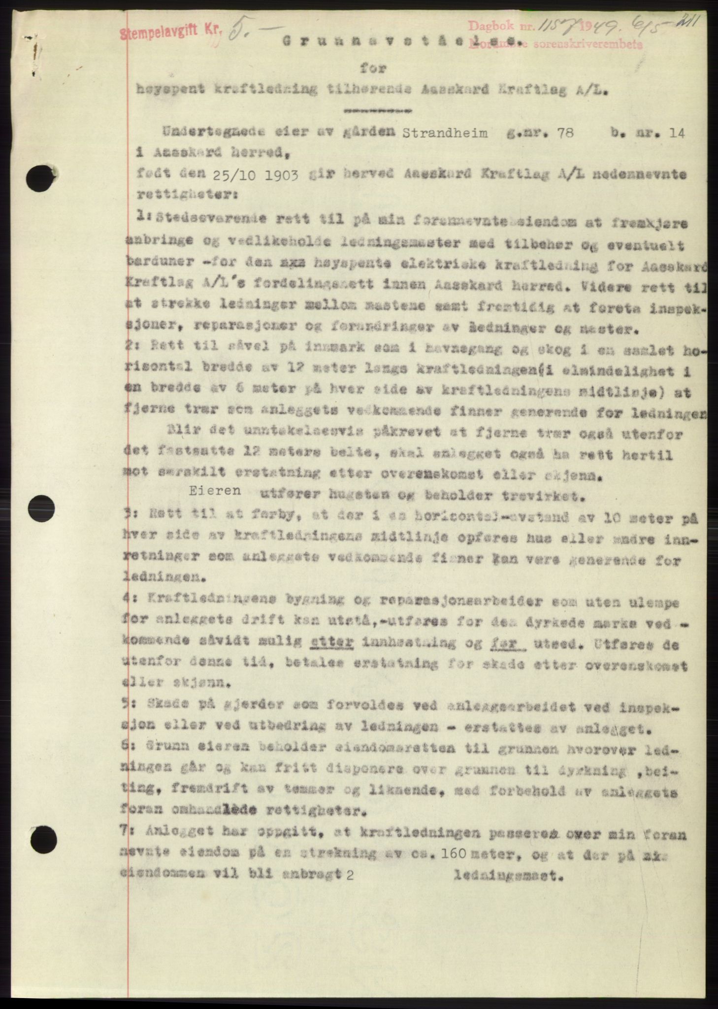 Nordmøre sorenskriveri, SAT/A-4132/1/2/2Ca: Pantebok nr. B101, 1949-1949, Dagboknr: 1157/1949