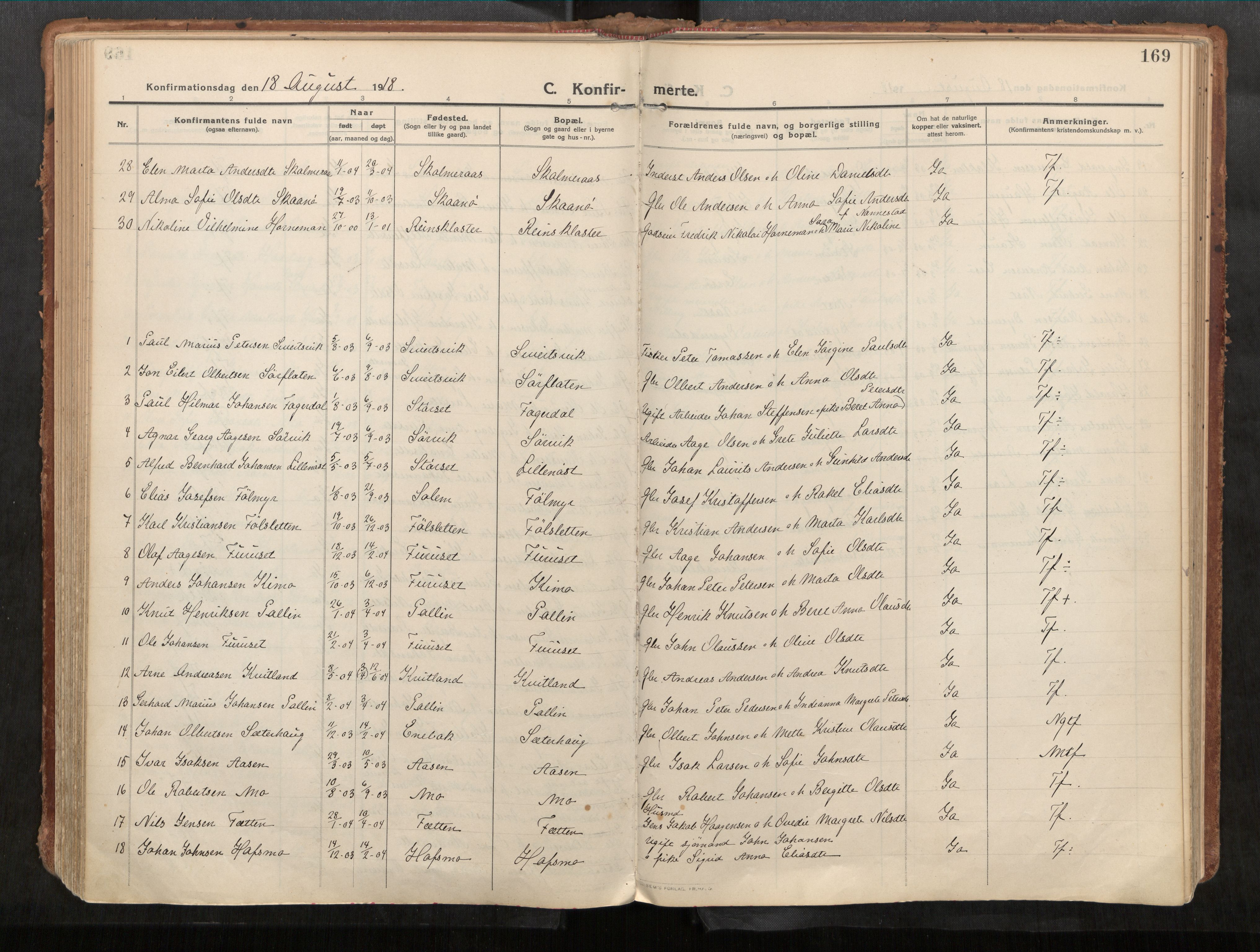 Stadsbygd sokneprestkontor, SAT/A-1117/1/I/I1/I1a/L0001: Ministerialbok nr. 1, 1911-1929, s. 169